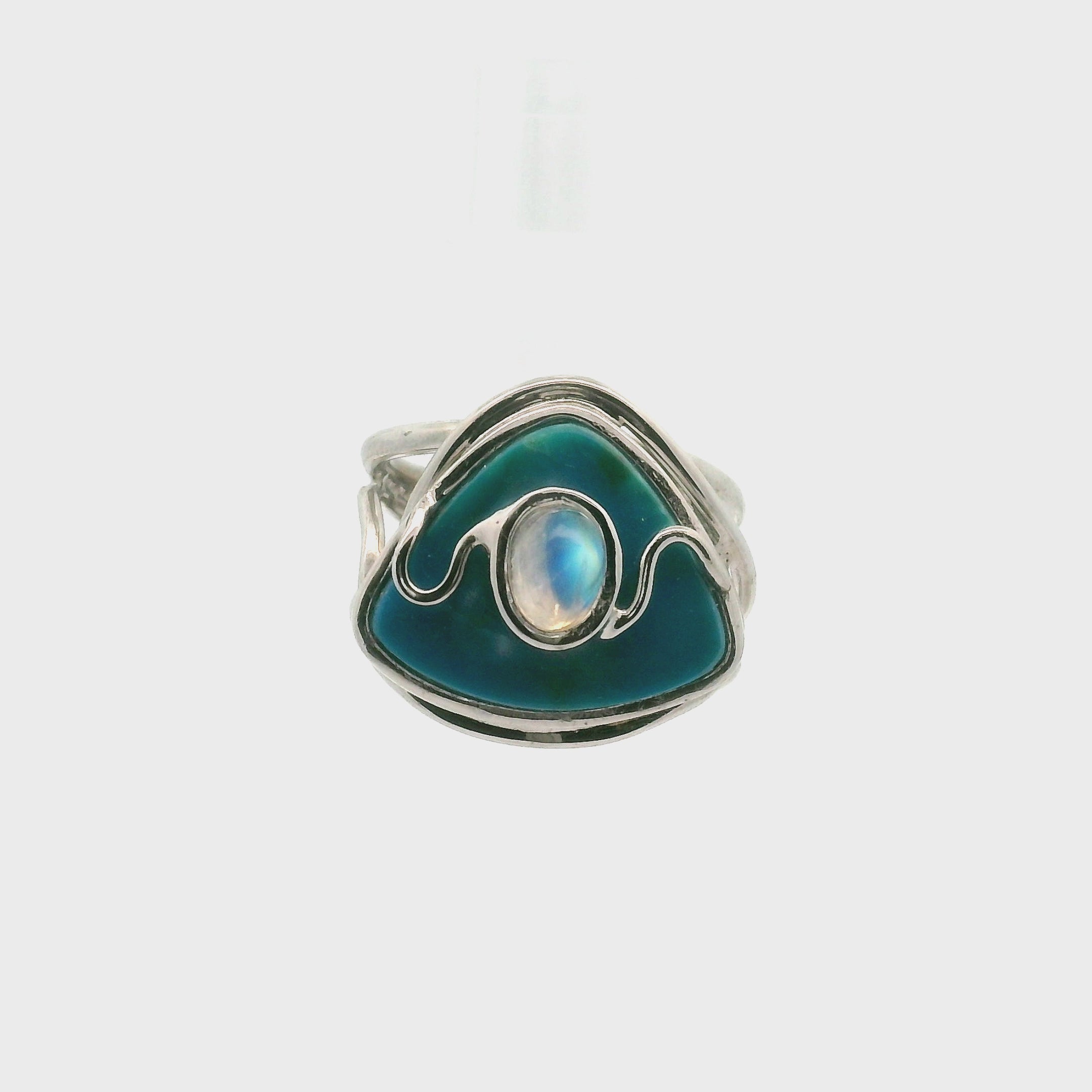 Blue Opal With Moonstone Cuff Ring .925 Silver for Encouraging Surrender to the Divine Will