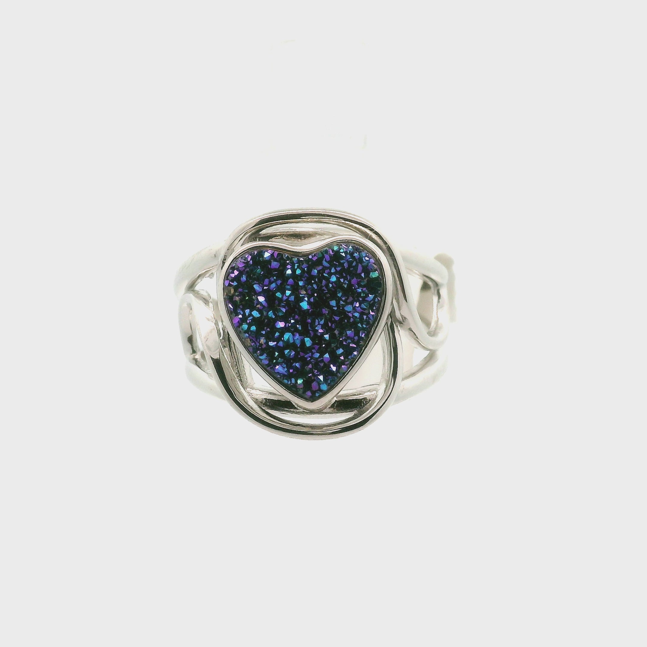 Titanium Aura Druzy Heart Finger Cuff Adjustable Ring .925 Silver for Peace and Soothing Stress