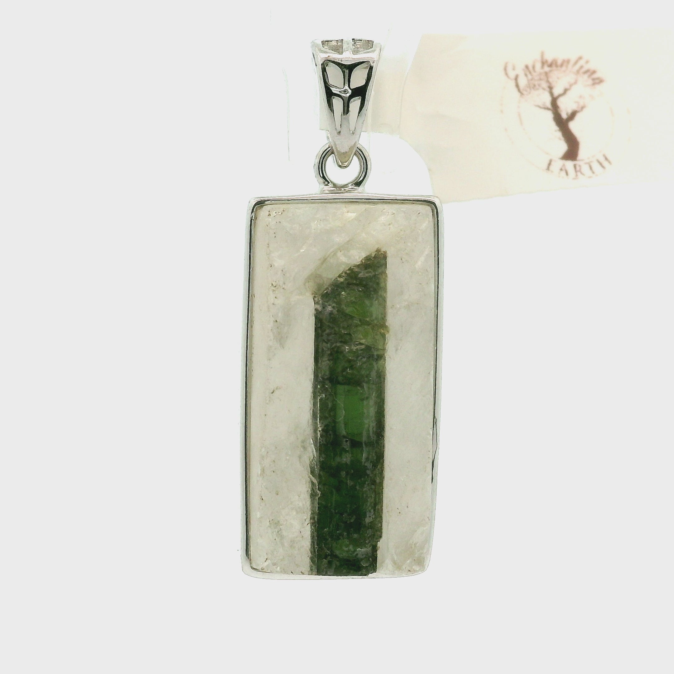 Green Tourmaline in Quartz Pendant .925 Sterling Silver for Emotional Healing, Kindness and Joy