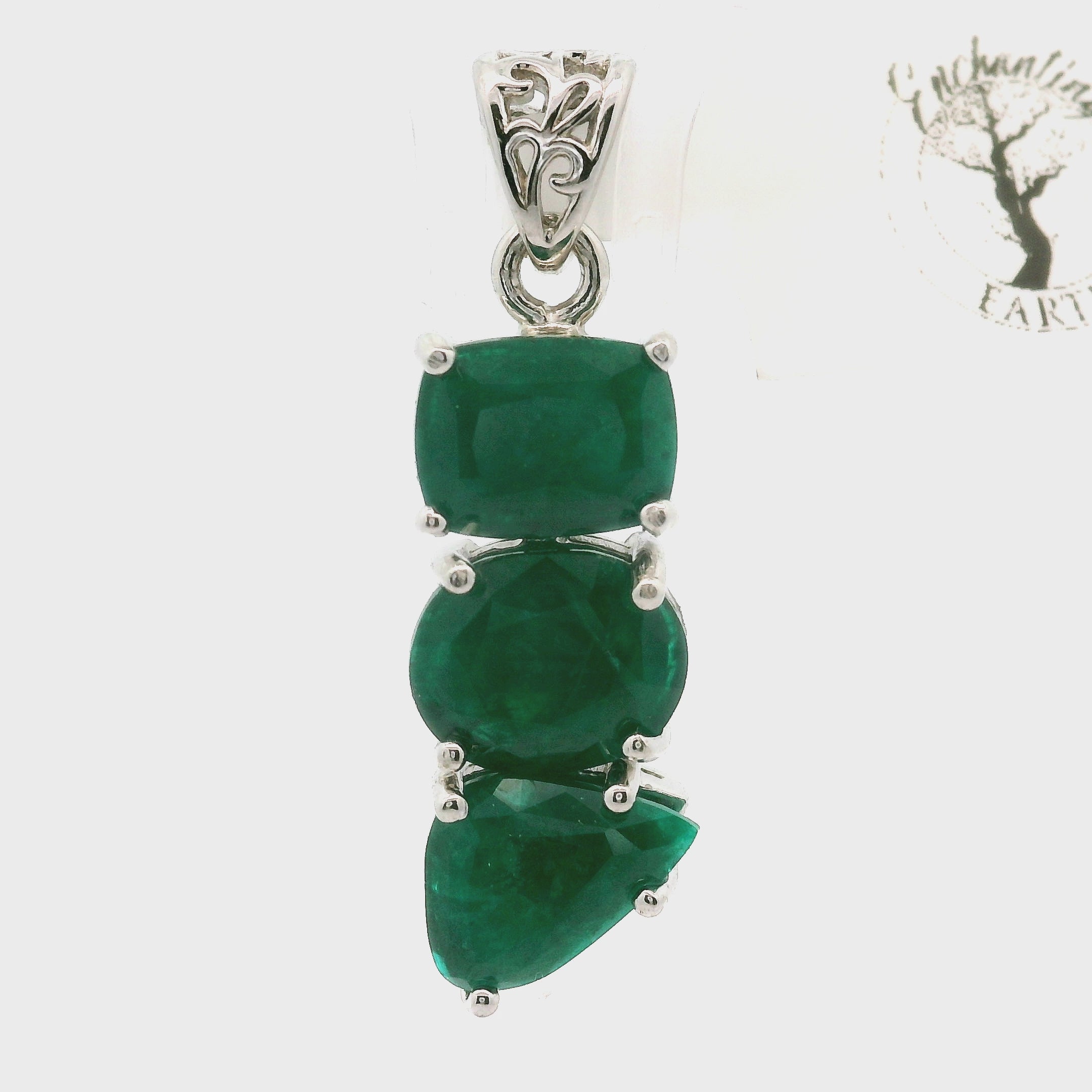 Triple Stone Dioptase Pendant, in .925 Silver Emotional Balance, Healthy Relationships and Love