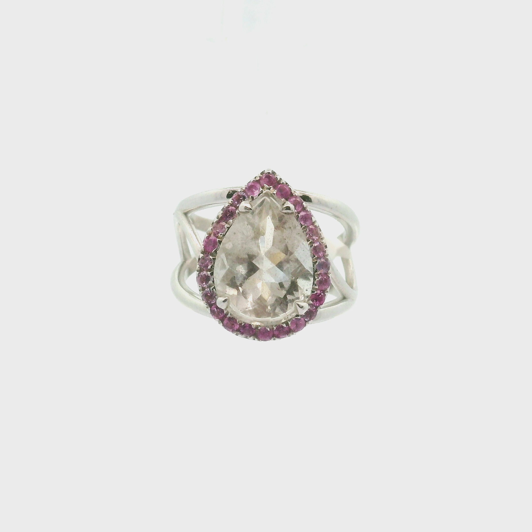 Pink Fire Quartz with Pink Sapphire Pavé Cuff Ring .925 Silver for Psychic Abilities and Grounding
