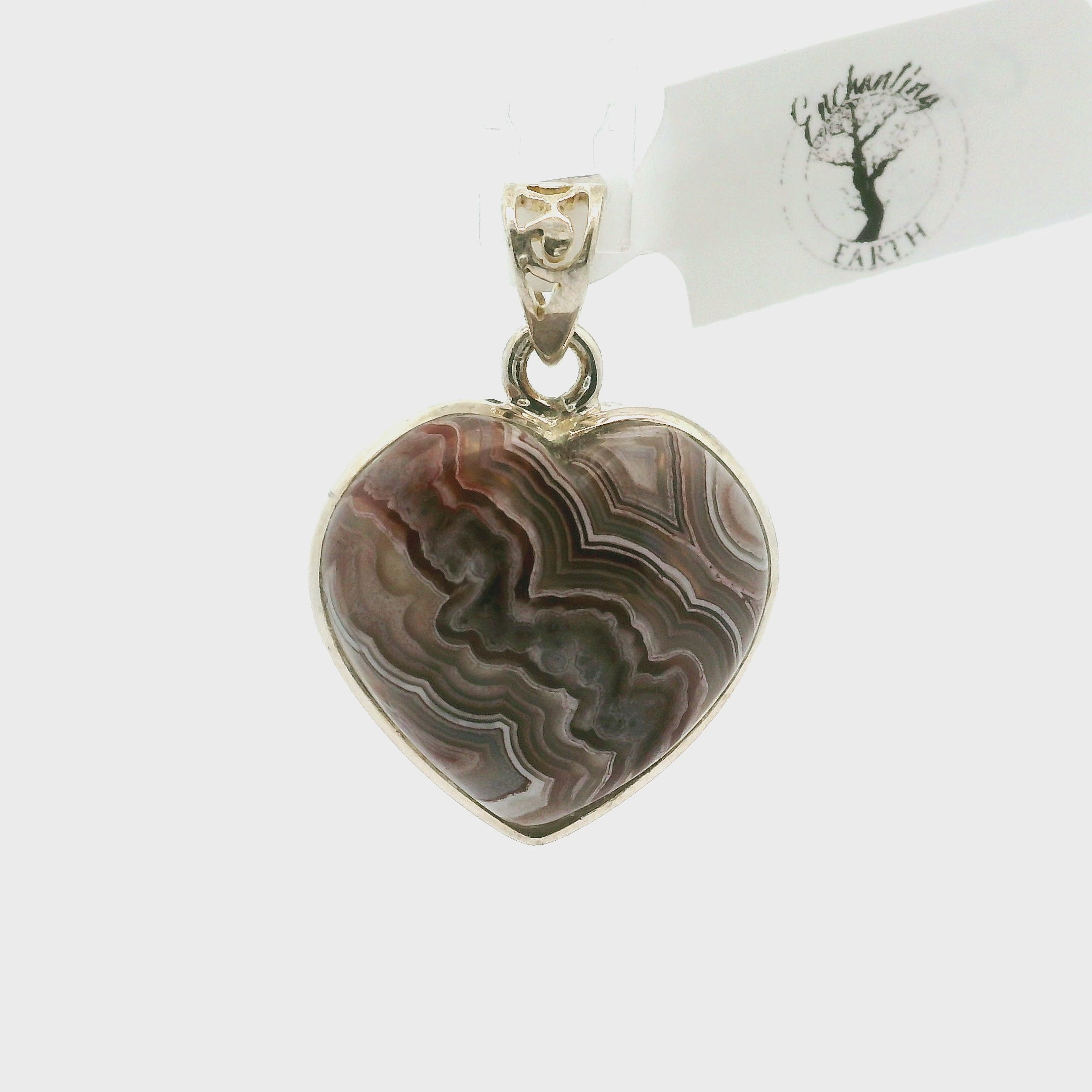 Grey Crazy Lace Agate Heart Pendant in .925 Silver for Promoting Creativity, Hope, New Ideas & Positivity