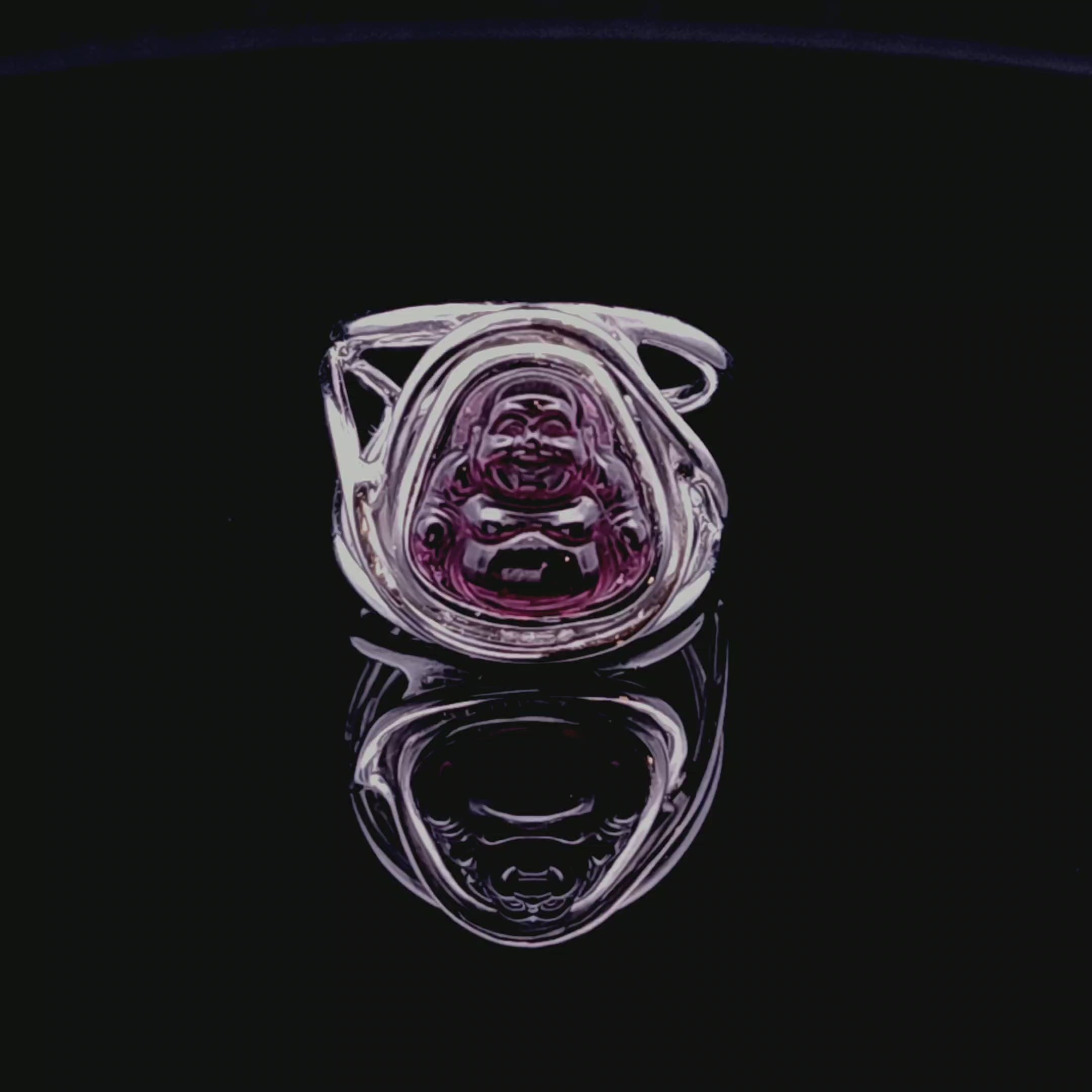 Rhodolite Garnet Buddha Adjustable Finger Cuff Ring .925 Silver for Expressing Love, Joy and Harmony