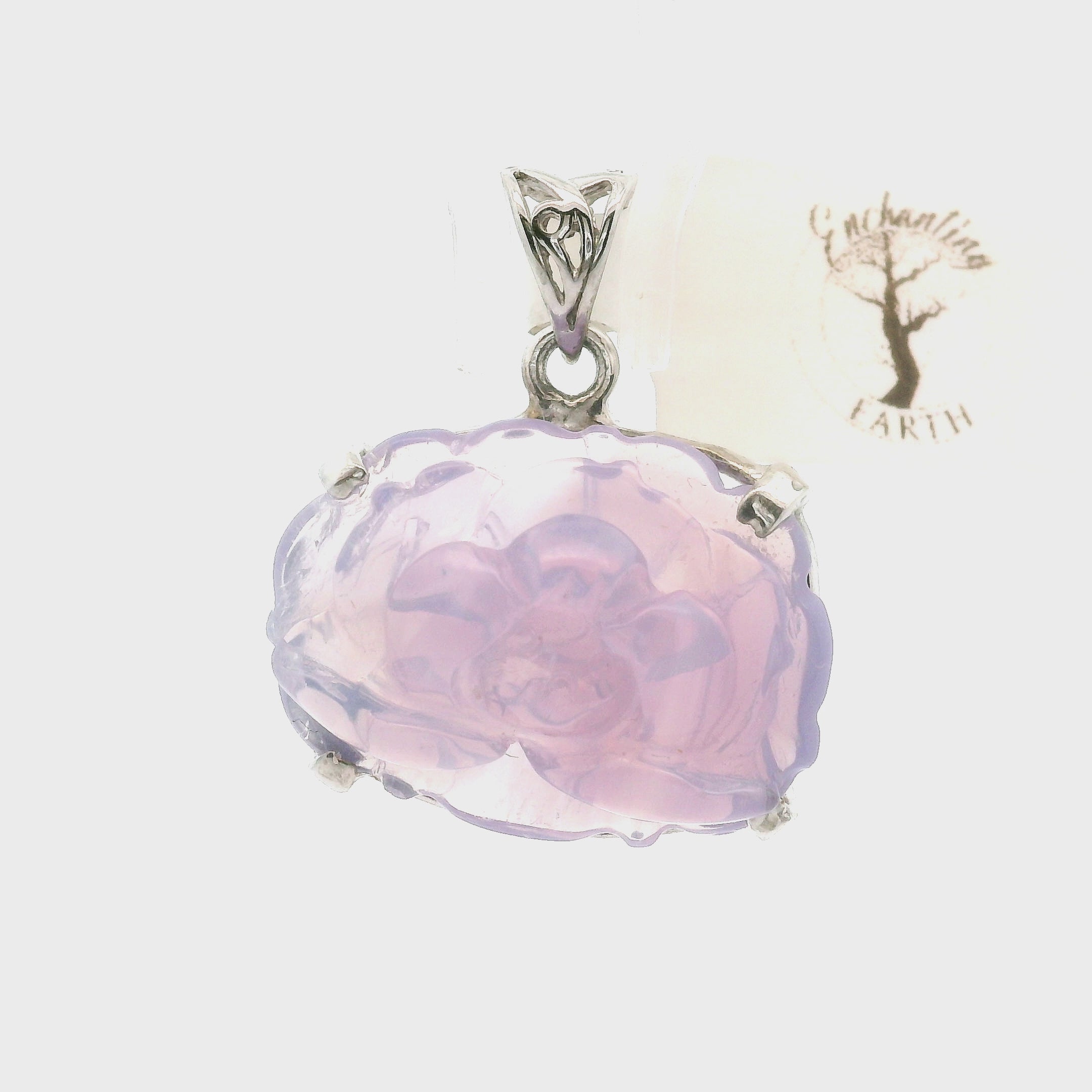 Lavender Moon Quartz Carved Lotus Pendant .925 Silver for Angelic Wisdom