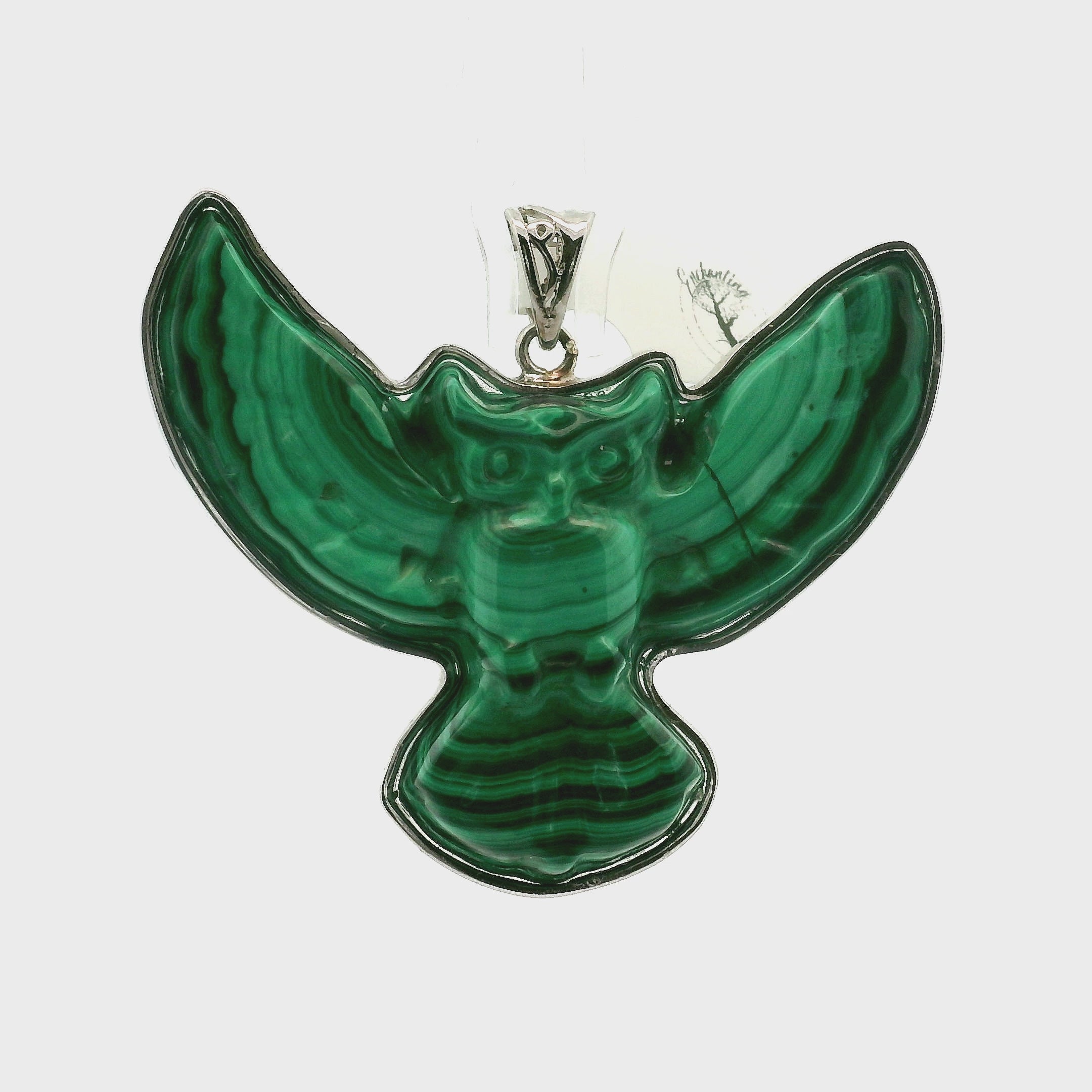 Malachite Carved Owl Pendant .925 Silver for Heightened Intuition, Deep Wisdom and Transformation