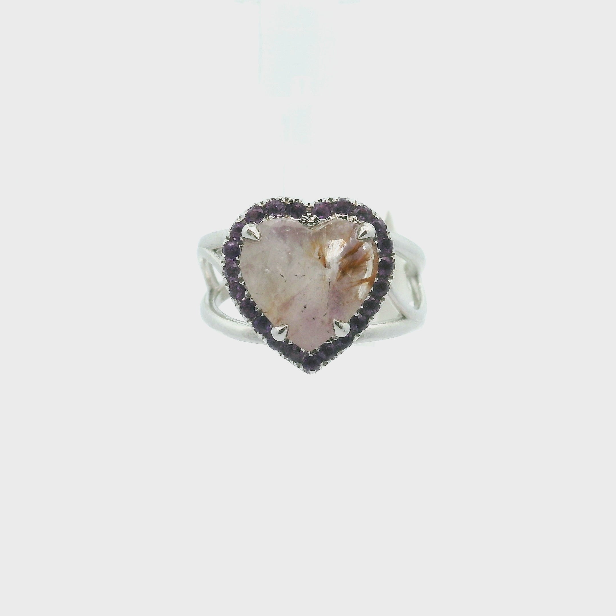 Super 7 Heart with Amethyst Pavé Cuff Ring .925 Silver for Creating Your Dream Life, Clarity and Angelic Guidance