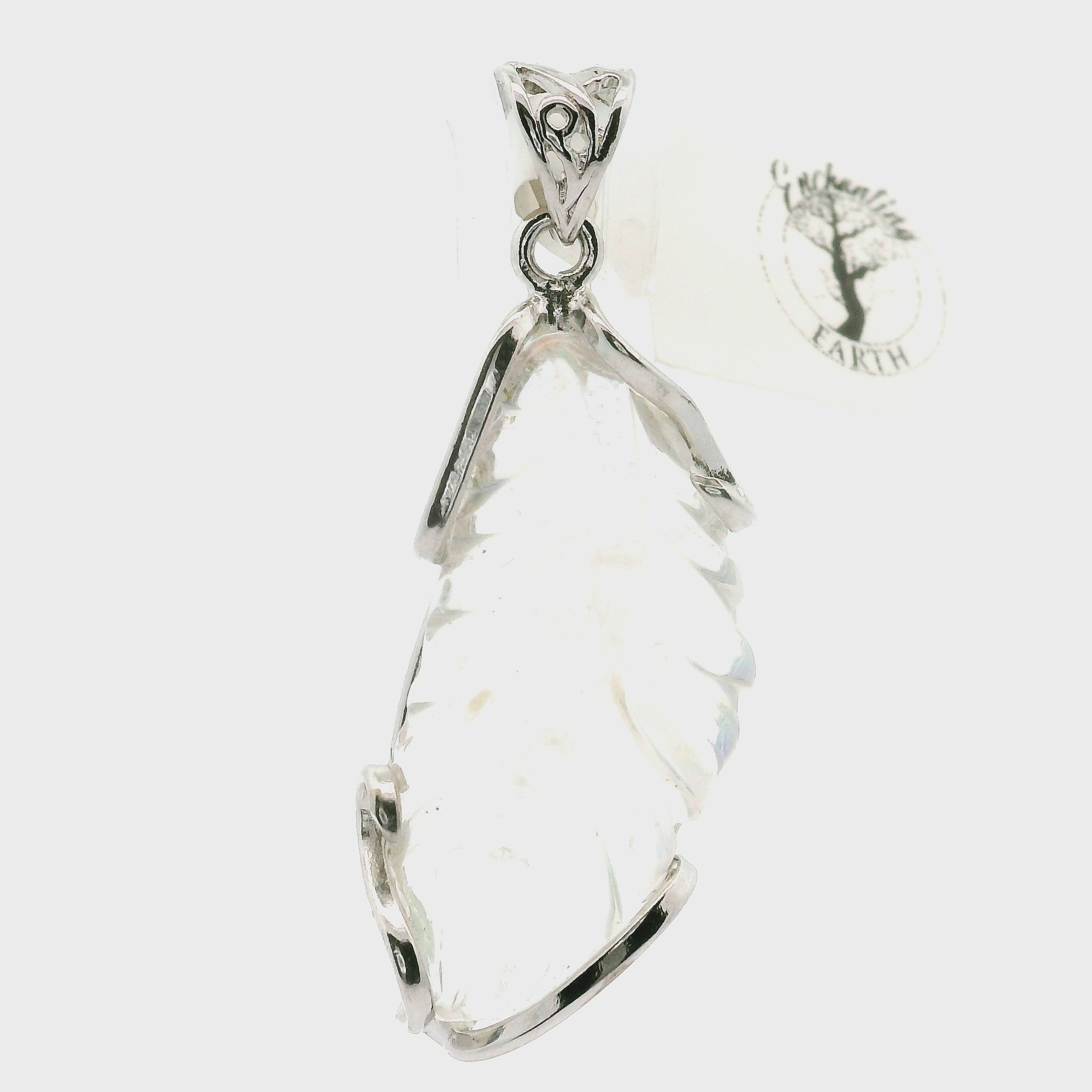 Malagasy Moonstone Feather Pendant .925 Sterling Silver for Spiritual Transformation and Inner Peace