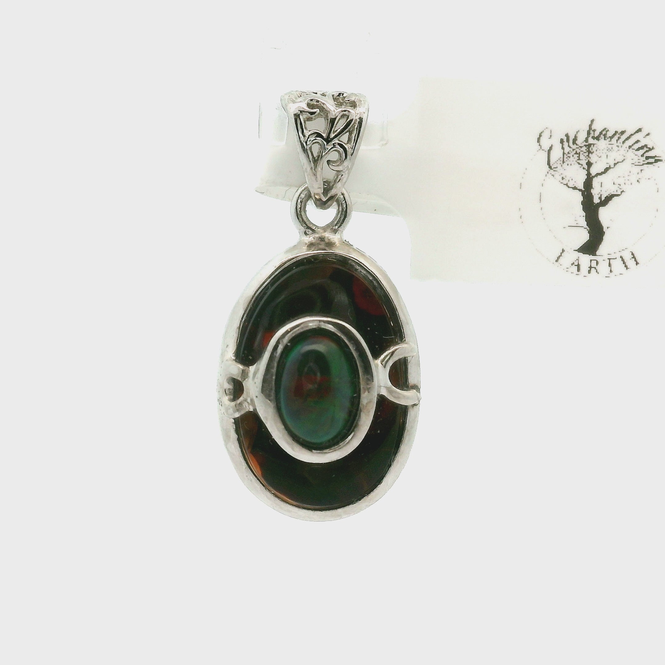 Fire Agate with Black Opal Pendant .925 Silver for Emotional Support, Joy and Self Worth