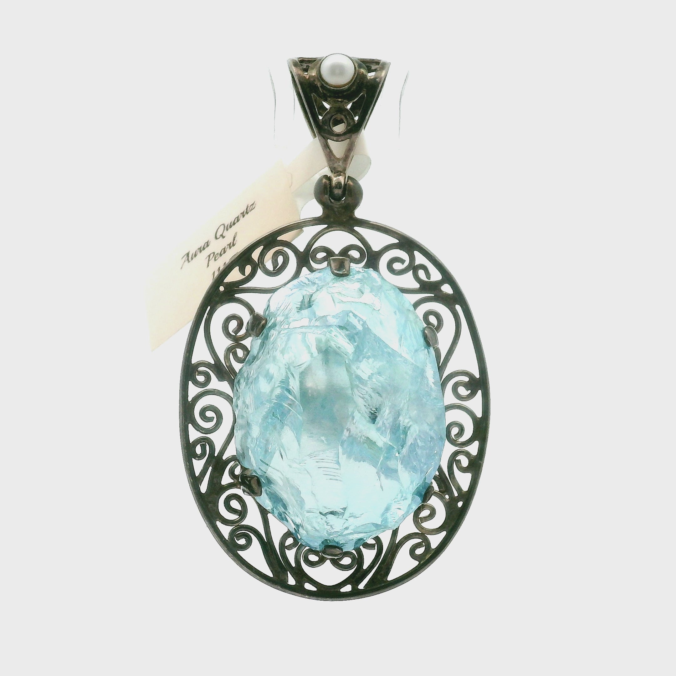 Aqua Aura Quartz with Pearl Pendant .925 Silver for Love, Connection with Angels and Spirit Guides