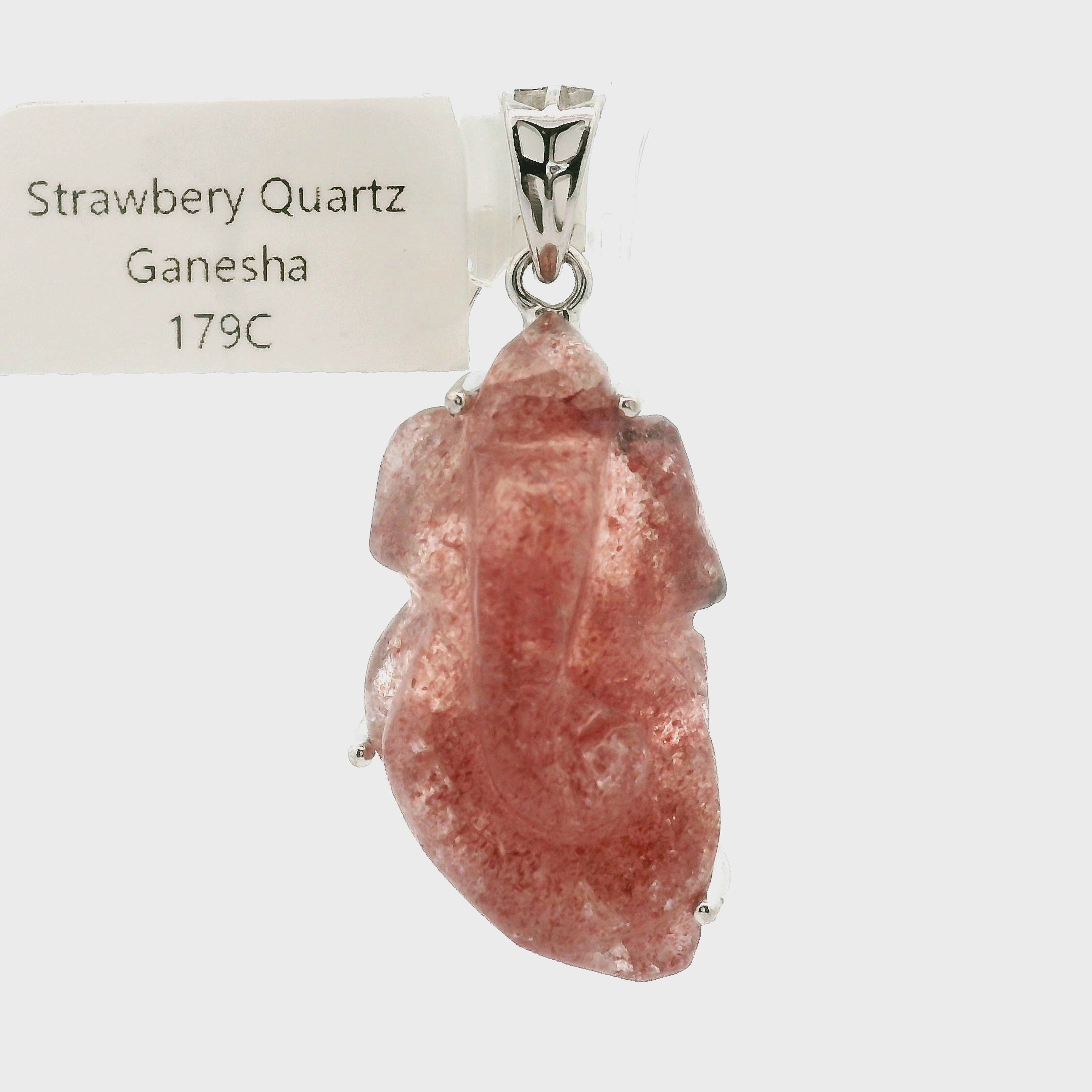 Strawberry Quartz Carved Ganesha Pendant .925 Silver for Master Healing, Grounding & Transformation