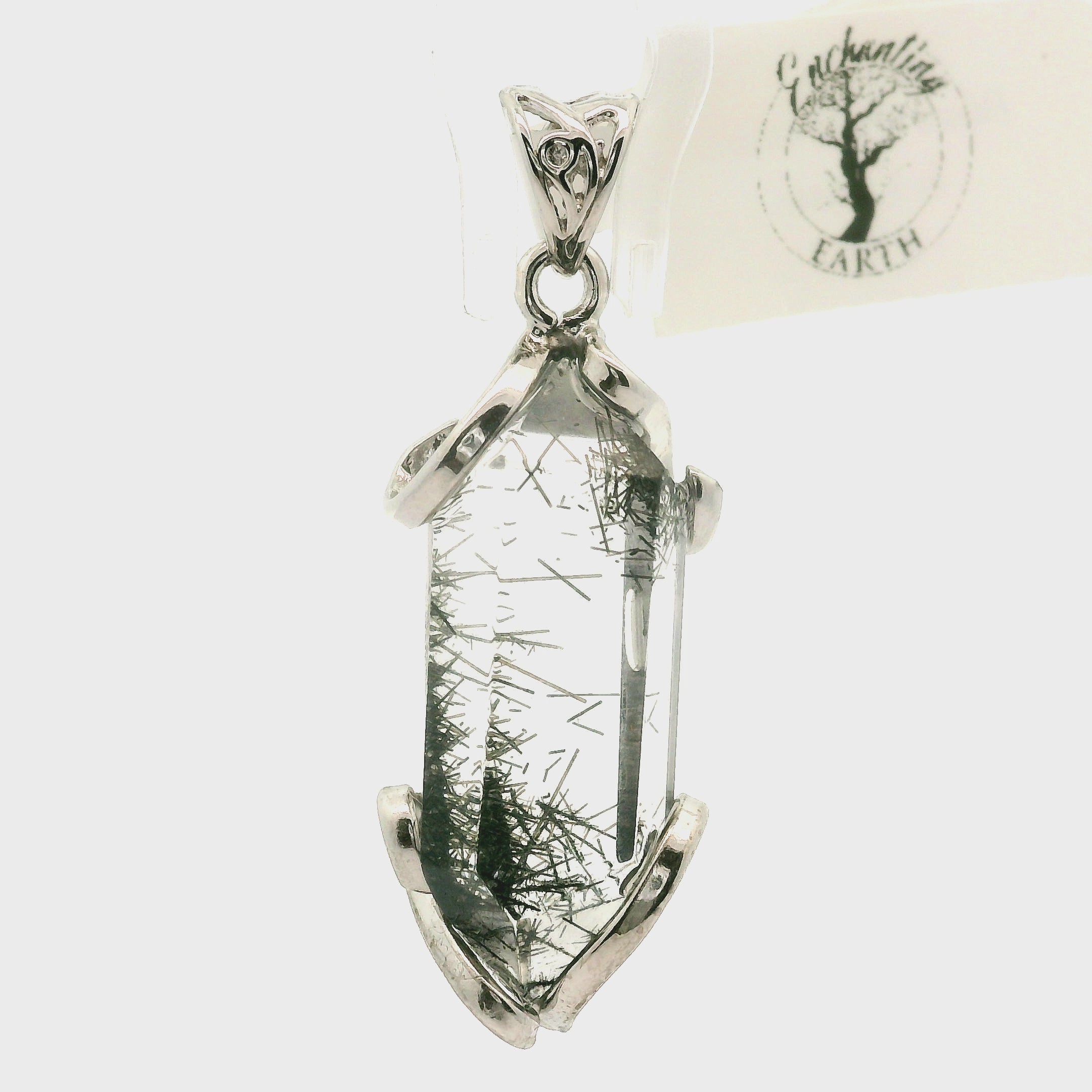 Black Tourmaline in Quartz Freeform Pendant .925 Sterling Silver for Powerful Protection and Aura Cleansing