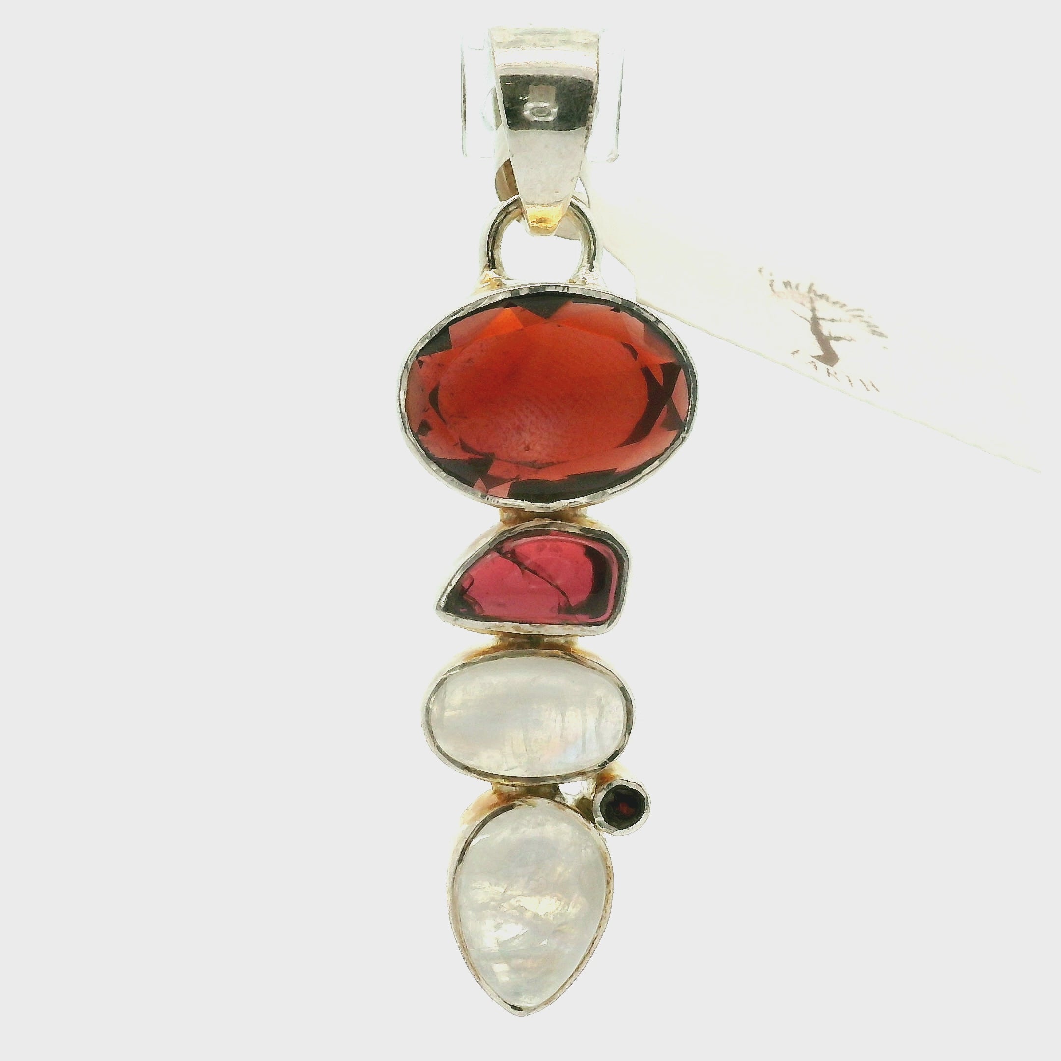 Multi-Stone Garnet & Rainbow Moonstone Pendant .925 Silver for Intuition, Grounding and Strength