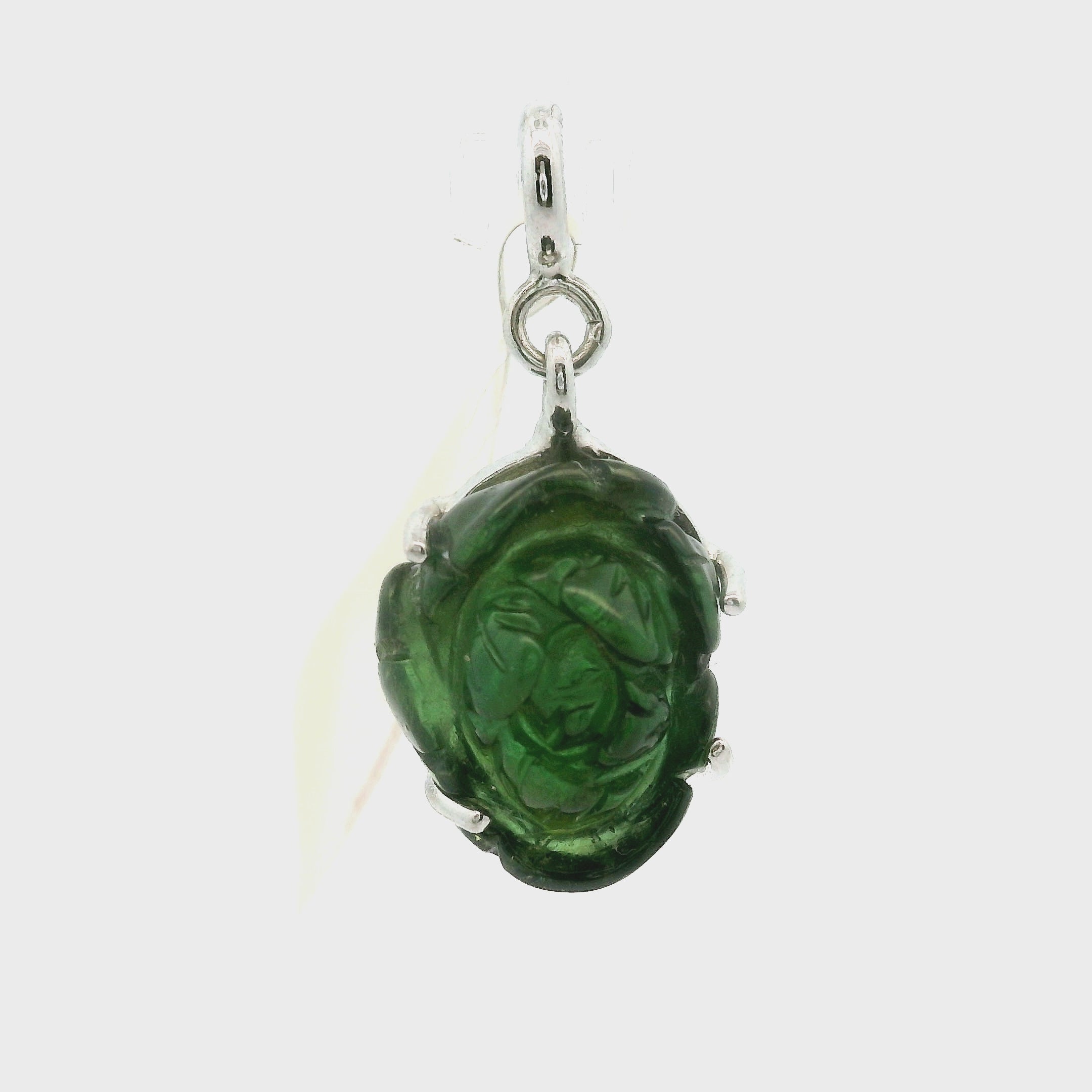 Green Tourmaline Carved Lotus Charm Pendants .925 Silver for Removing Insecurities and Helping Inspire Creativity