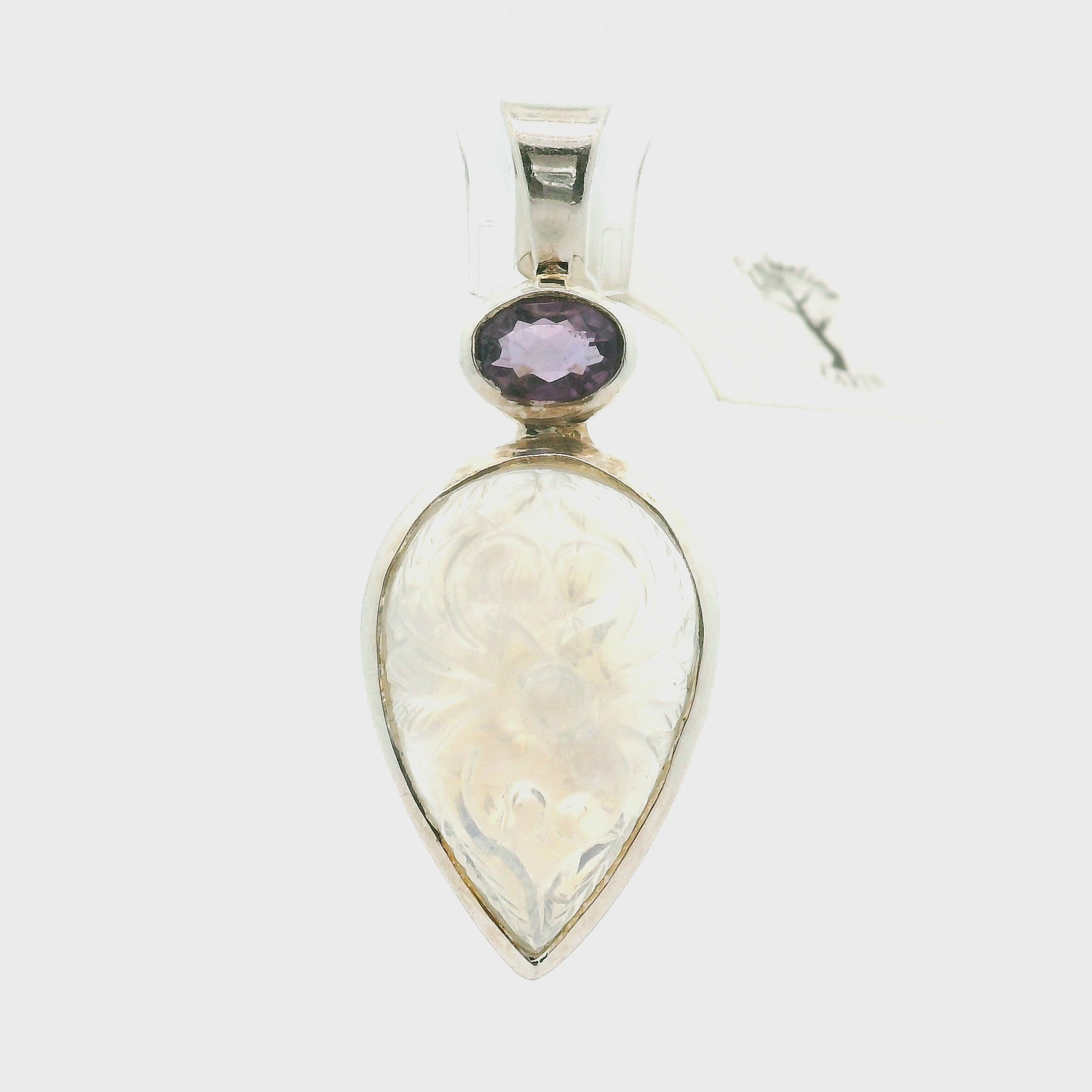 Rainbow Moonstone Carved Flower Drop Pendant .925 Silver for Intuition and Energetic Purification