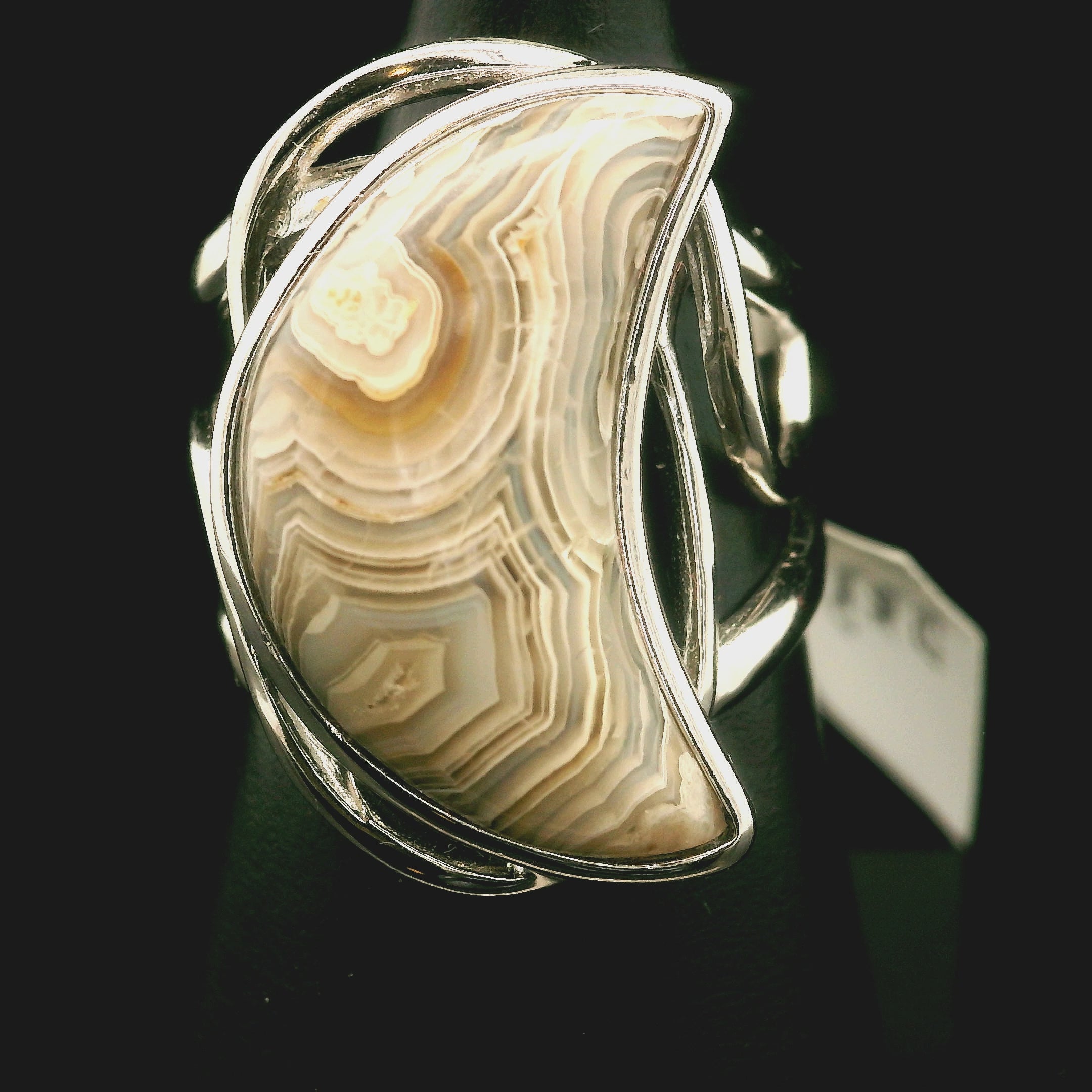 Grey Crazy Lace Agate Moon Cuff Ring in .925 Silver for Promoting Creativity, Hope, New Ideas & Positivity