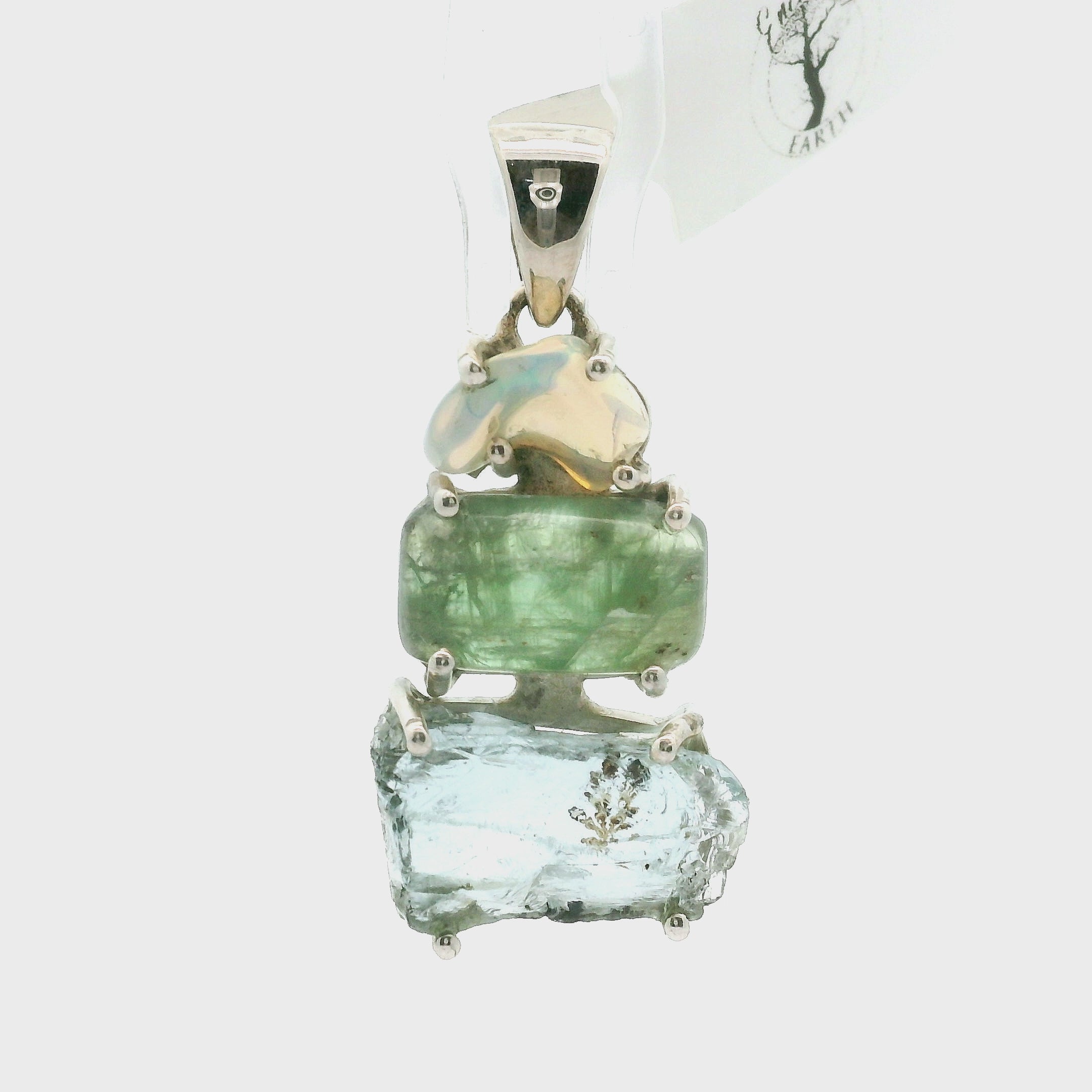 Opal, Green Kyanite and Aquamarine Pendant .925 Silver for Encouraging Surrender to the Divine Will