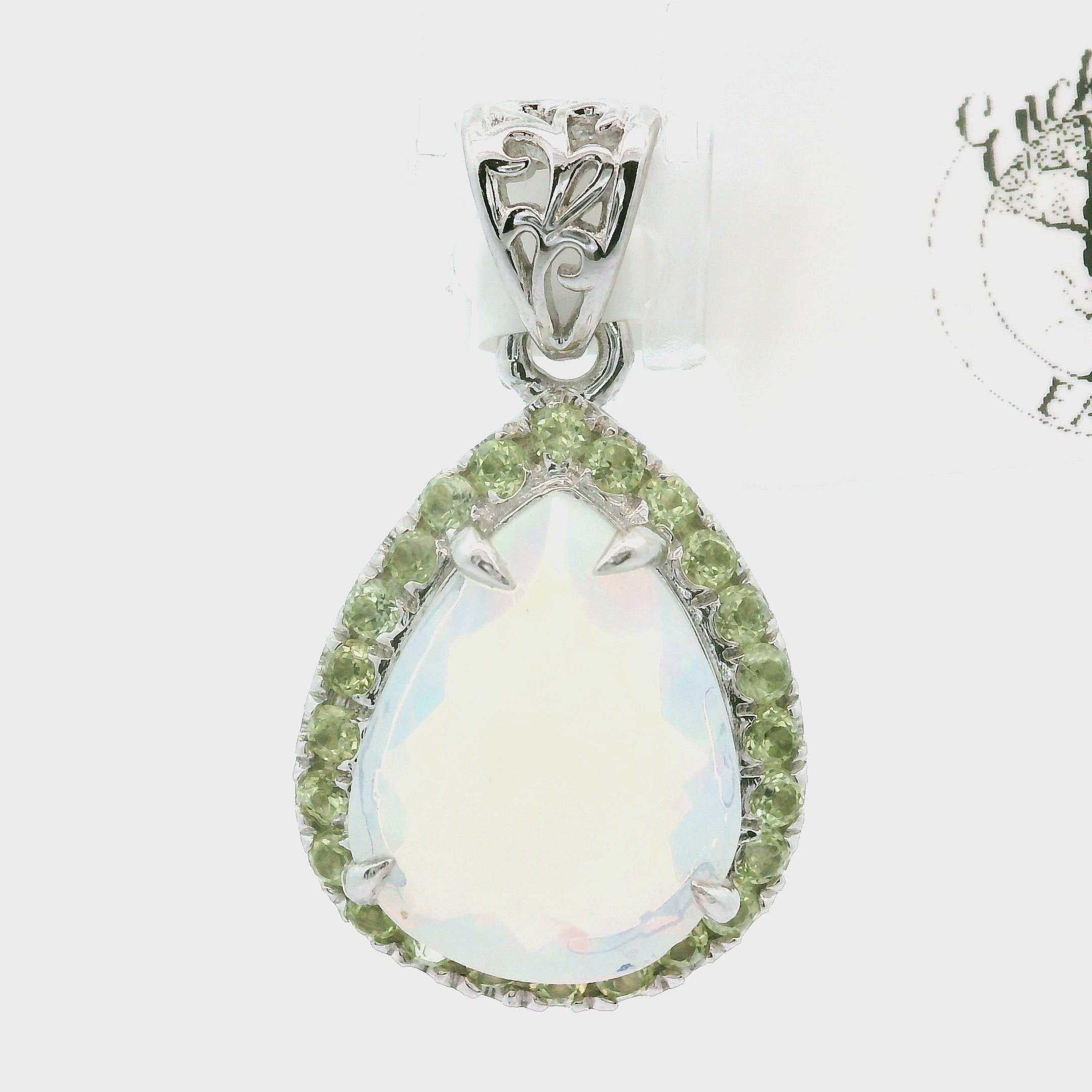 White Precious Opal with Peridot Pavé Pendant .925 Silver for Transformation, Energetic Protection and a Deeper Connection with Nature