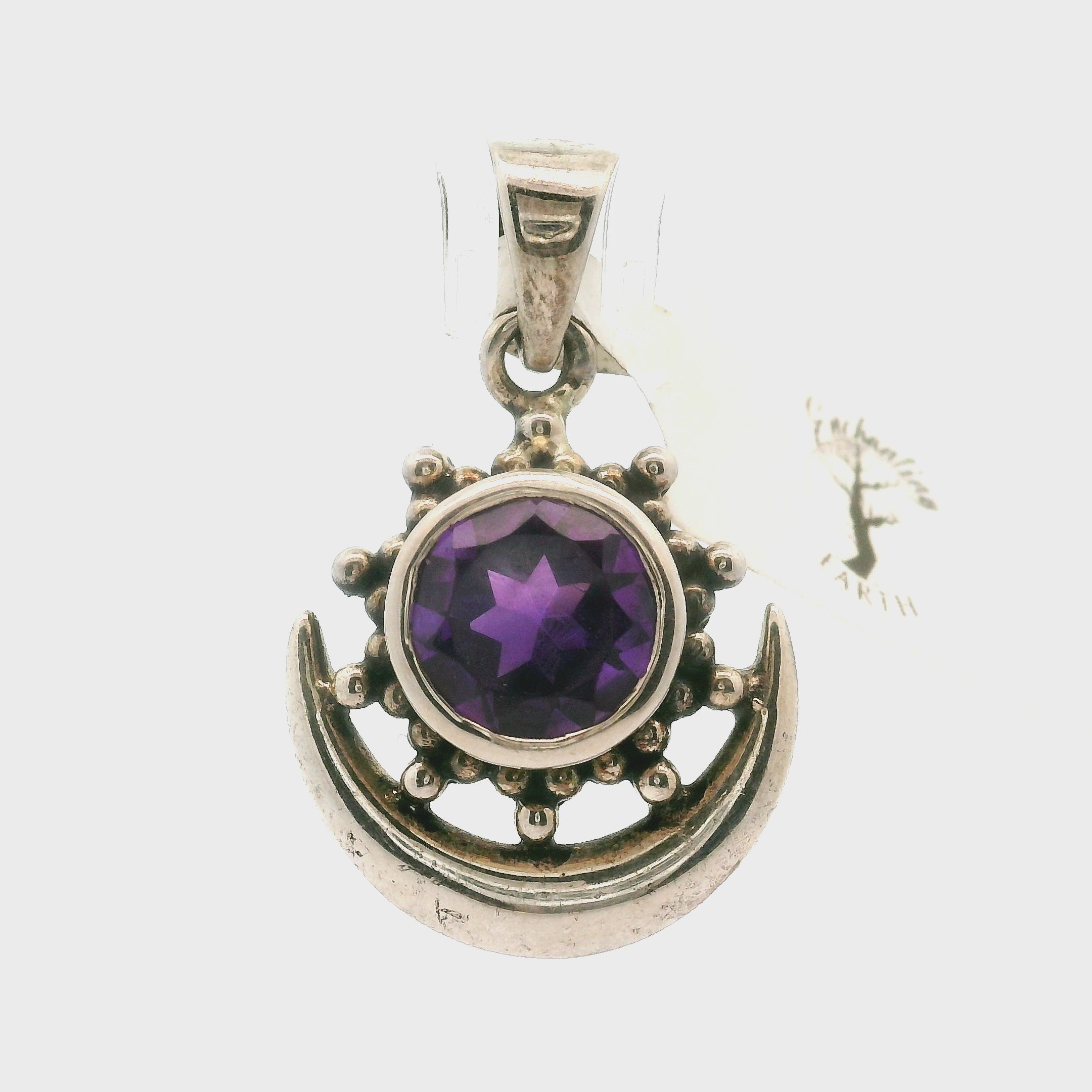 Celestial Amethyst Sun-burst and Crescent Moon Pendant .925 Silver for Enhancing your Intuitive Gifts