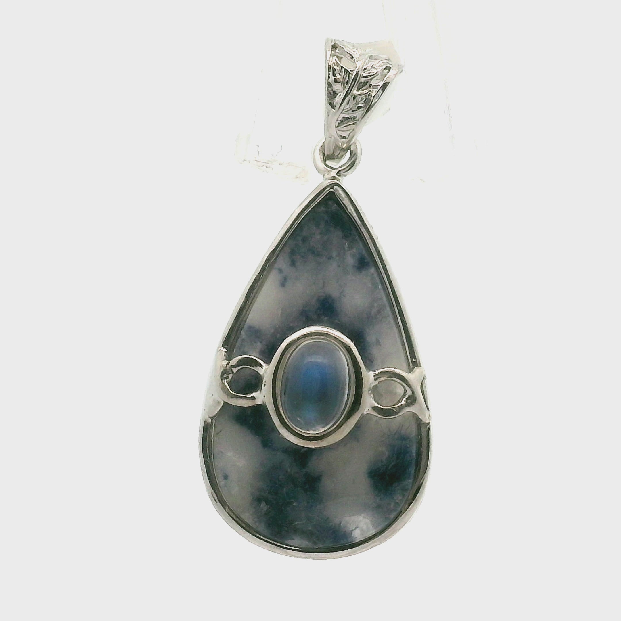 Dumortierite in Quartz And Moonstone Pendant .925 Silver for Hope, Improving Memory and New Ideas