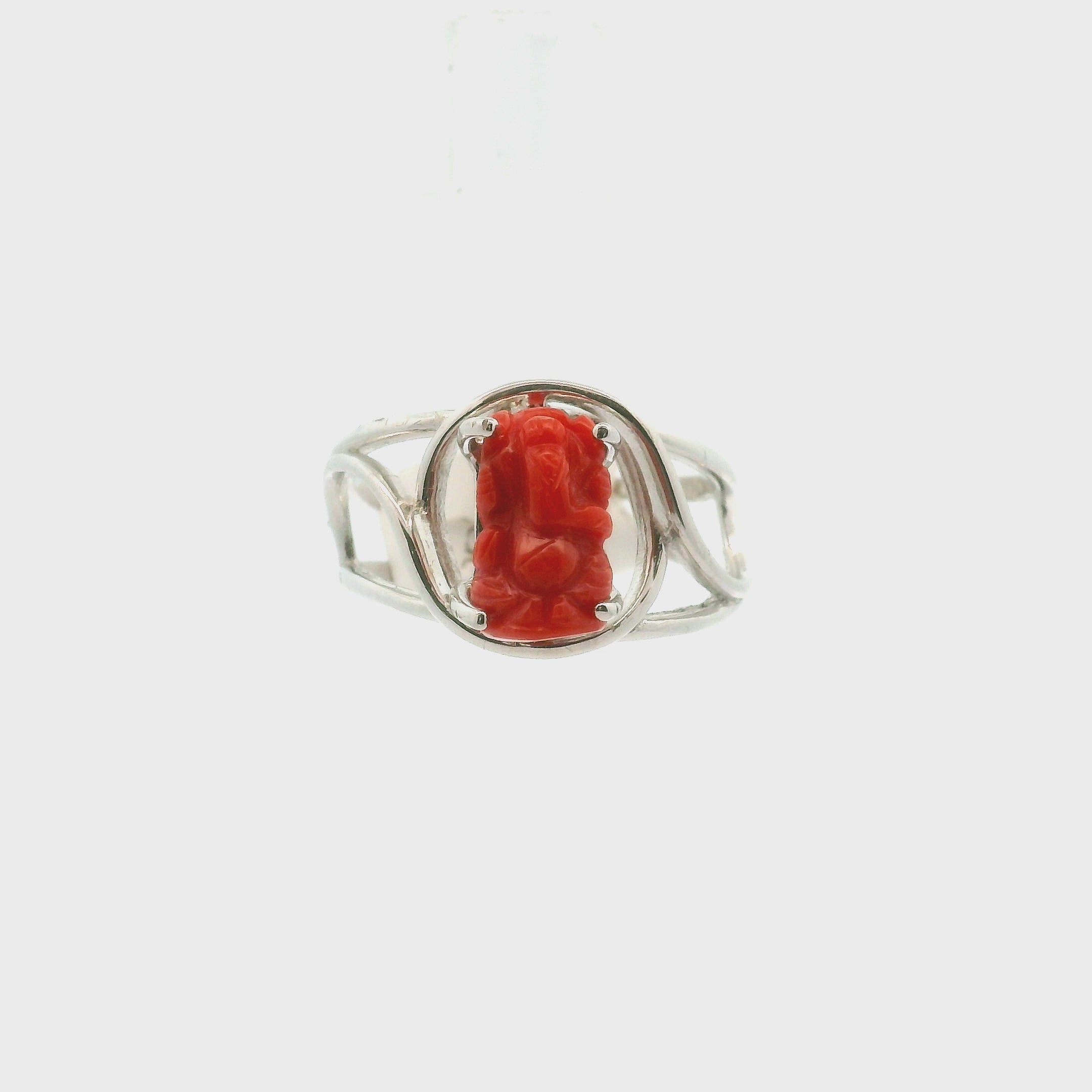 Coral Ganesha Cuff Ring .925 Silver for Healing Trauma, Stability and Wisdom