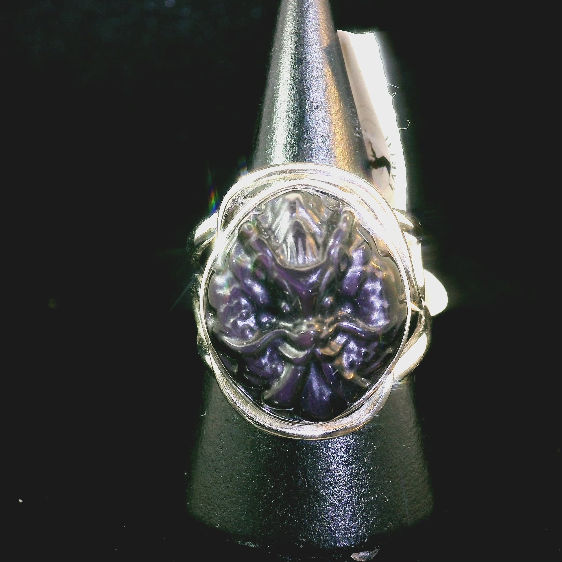 Dragon Rainbow Obsidian Cuff Ring .925 Silver for Hope, Peace and Shadow Work