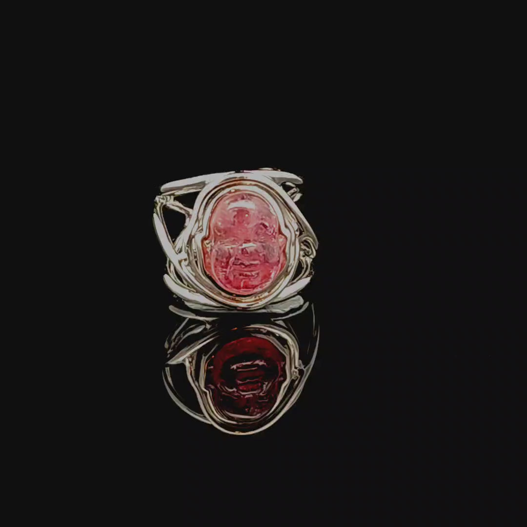 Pink Tourmaline Buddha Finger Cuff Adjustable Ring .925 Silver for Attracting Love, Harmony and Joy