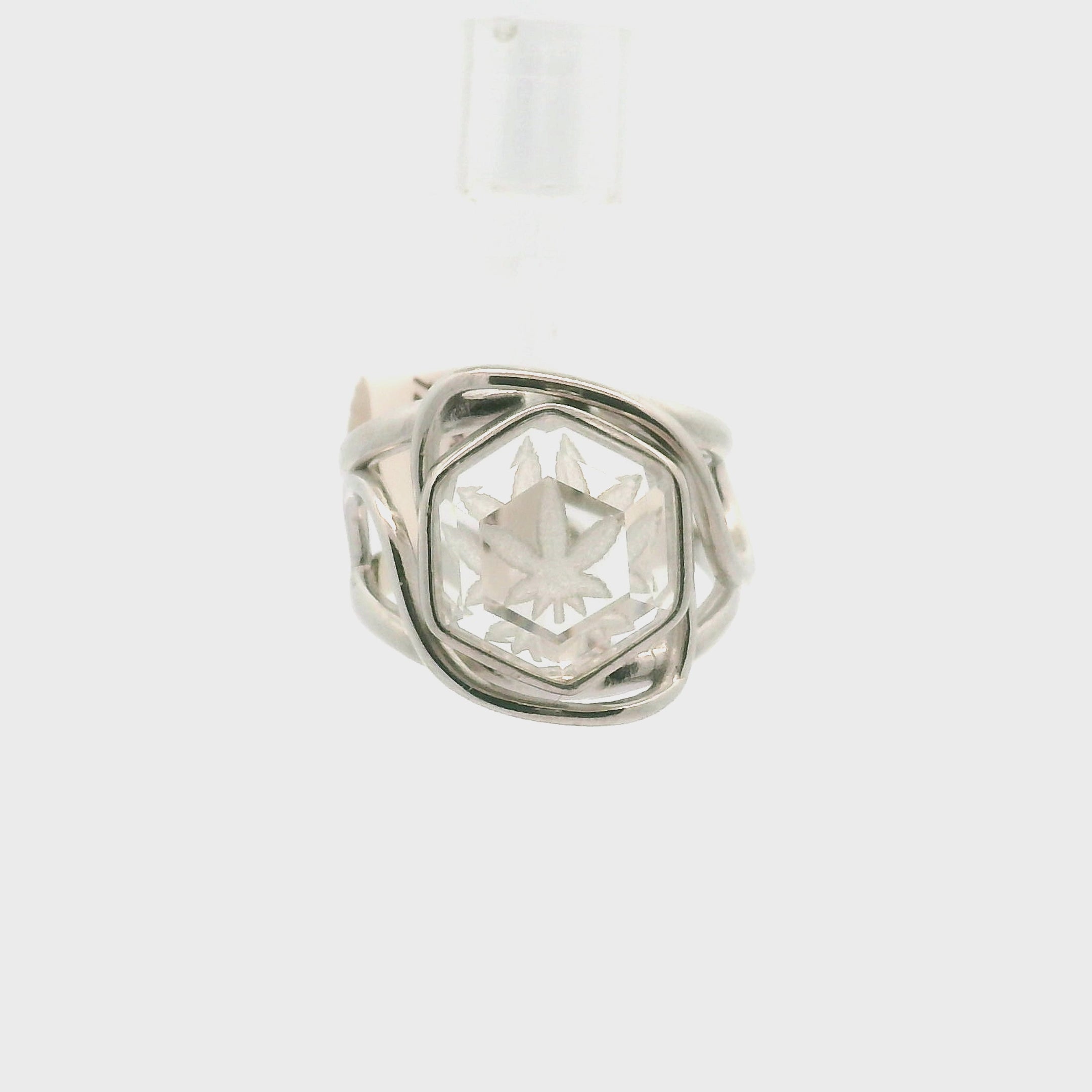 Clear Quartz Hexagon with Engraved Pot Leaf Cuff Ring .925 Silver for 420 Vibes
