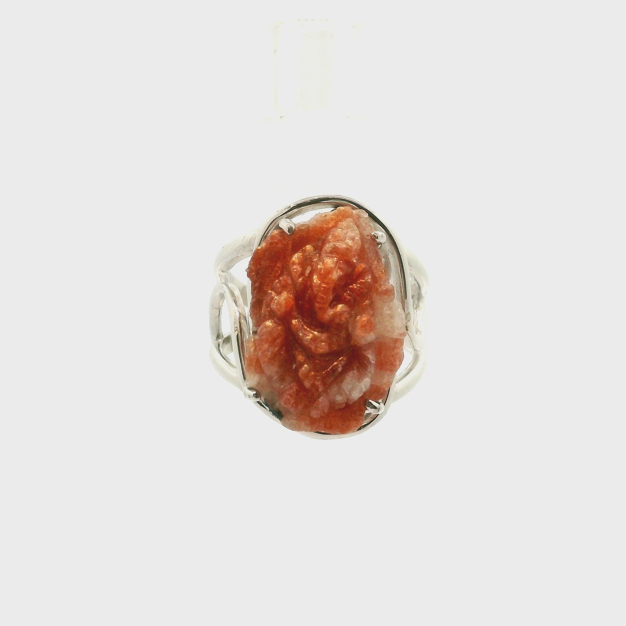 Sunstone Carved Ganesha Cuff Ring .925 Silver for Prosperity and Removing Obstacles