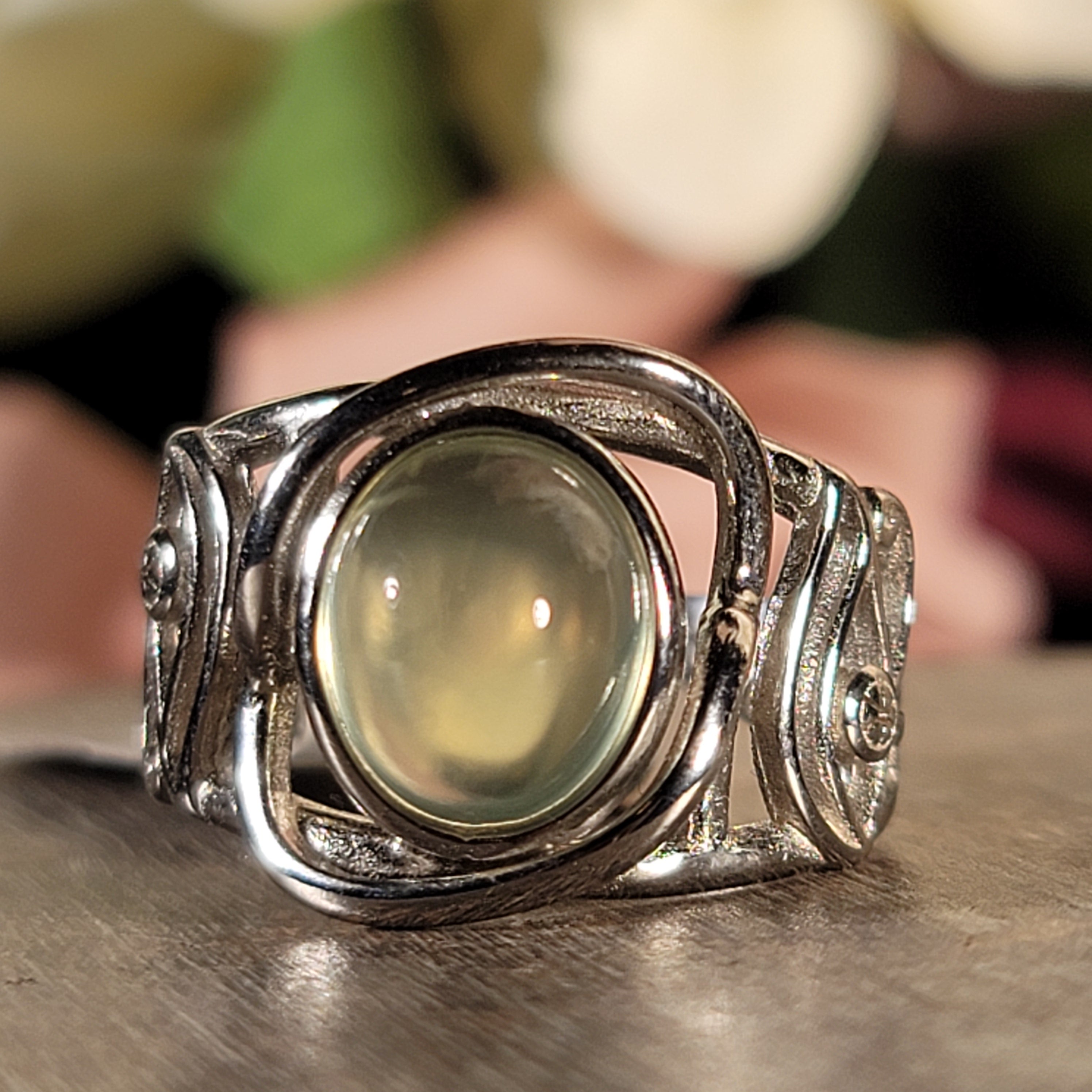 Prehnite Egyptian Eye Cuff Ring .925 Silver for Heart Healing and Rejuvenation