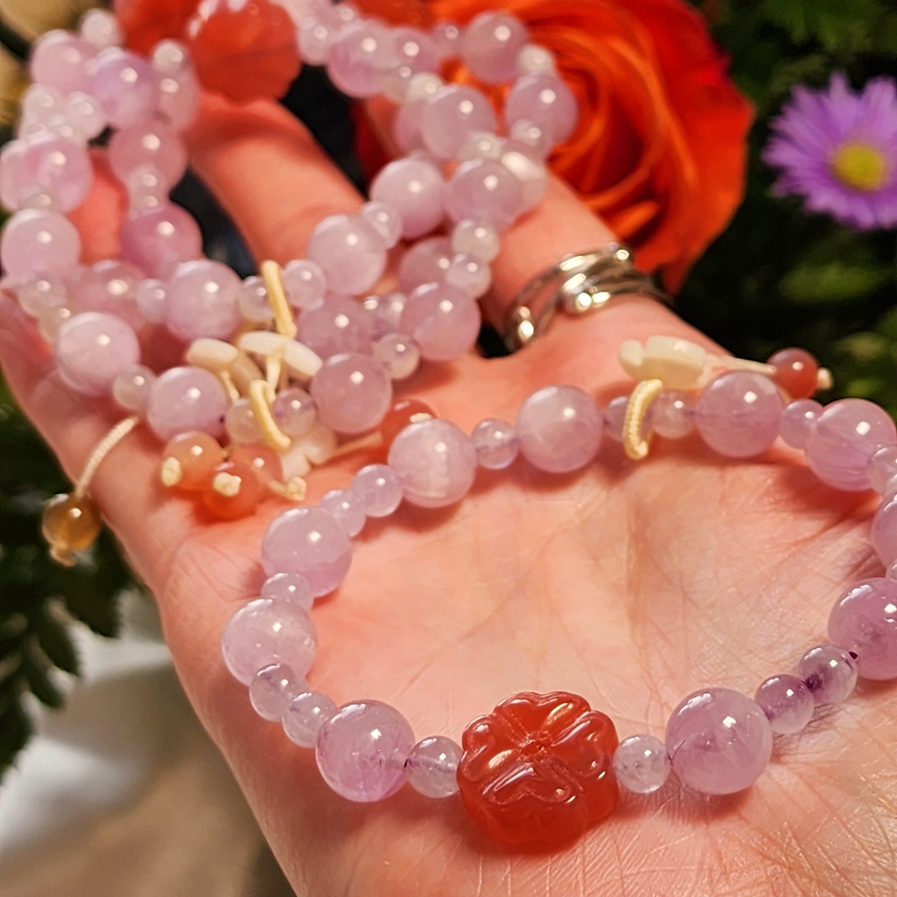 Kunzite, Mother of Pearl & Yanyuan Flower Bracelet for Emotional Balance and Family Healing