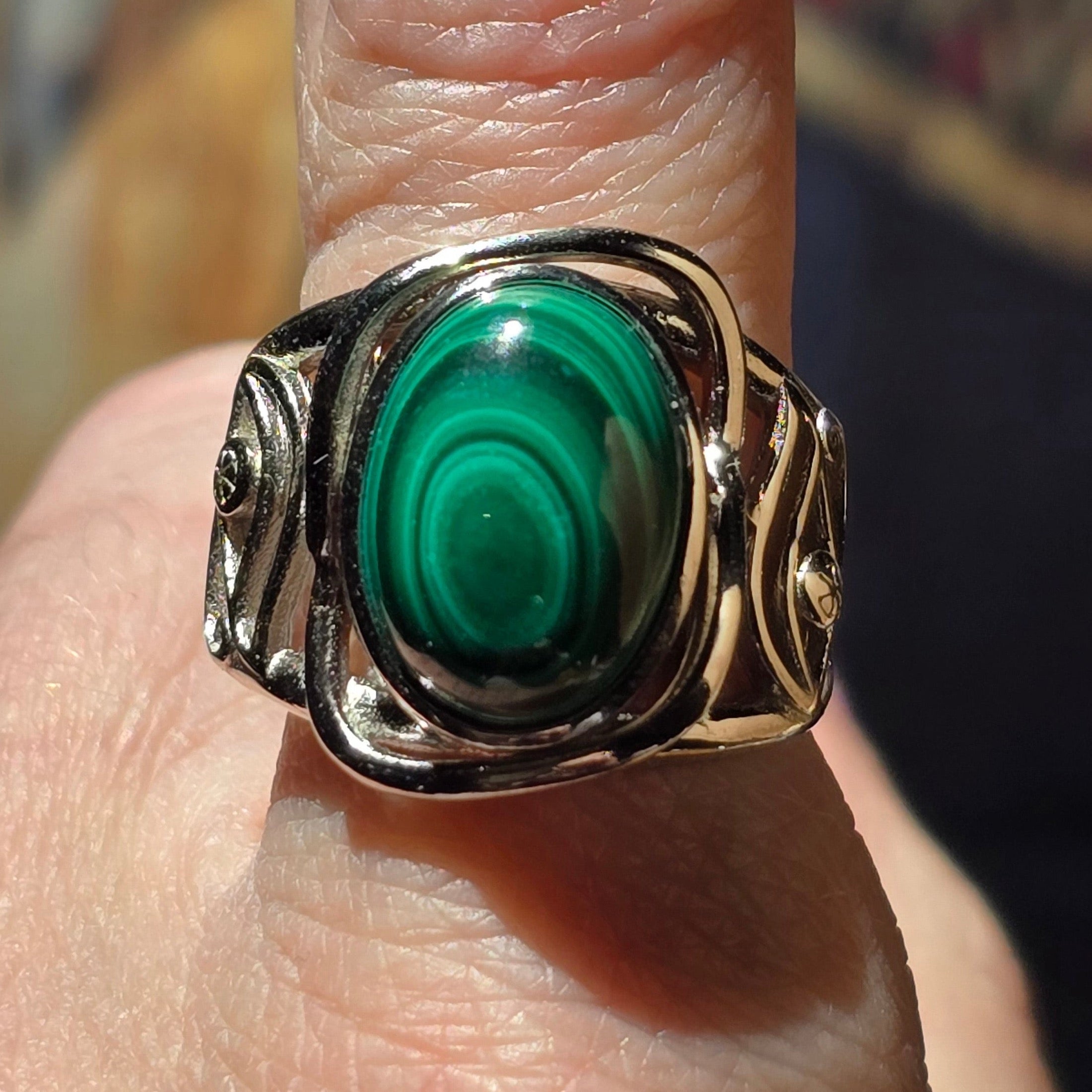 Malachite Egyptian Eye Adjustable Finger Cuff Ring .925 Silver for Love, Transformation and Wealth