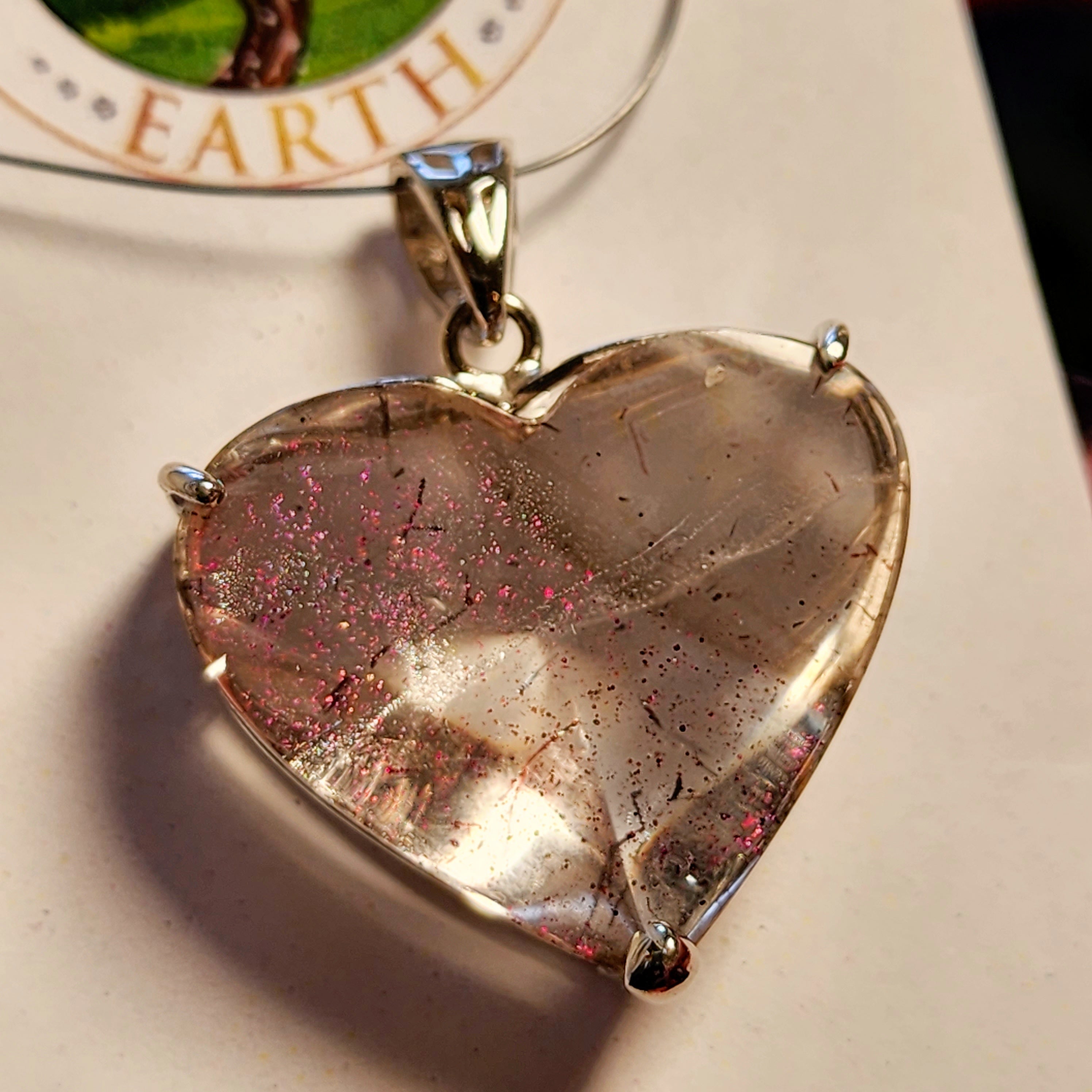 Pink Fire Covellite in Quartz Heart Pendant .925 Silver for Spiritual Evolution and Energy Flow