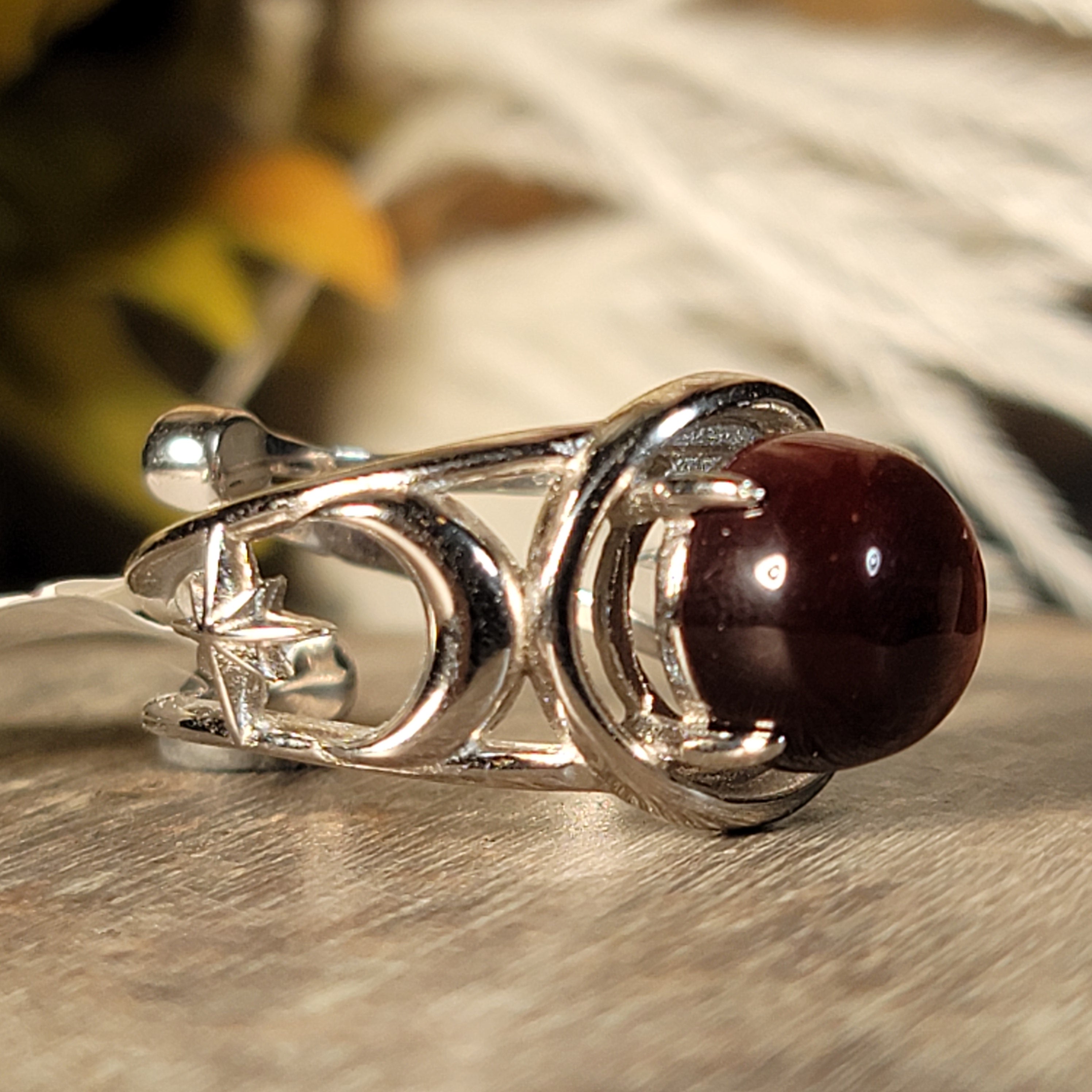 Red Tiger Eye Triple Moon Cuff Ring .925 Silver for Balancing Emotions, Motivation and Strength