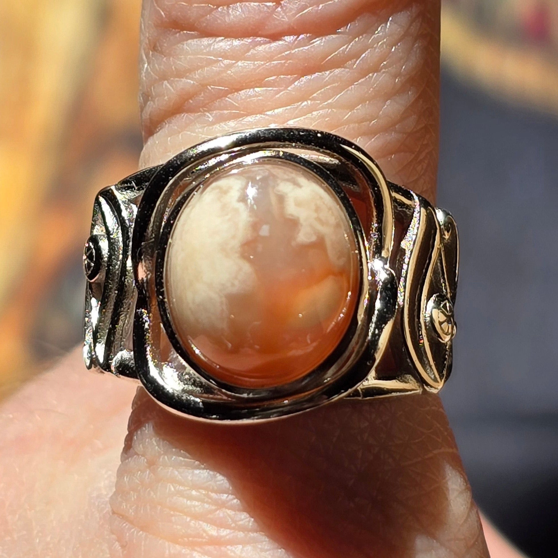 Flower Agate Egyptian Eye Adjustable Finger Cuff Ring .925 Silver for Attracting Love, Self-Development and Joy