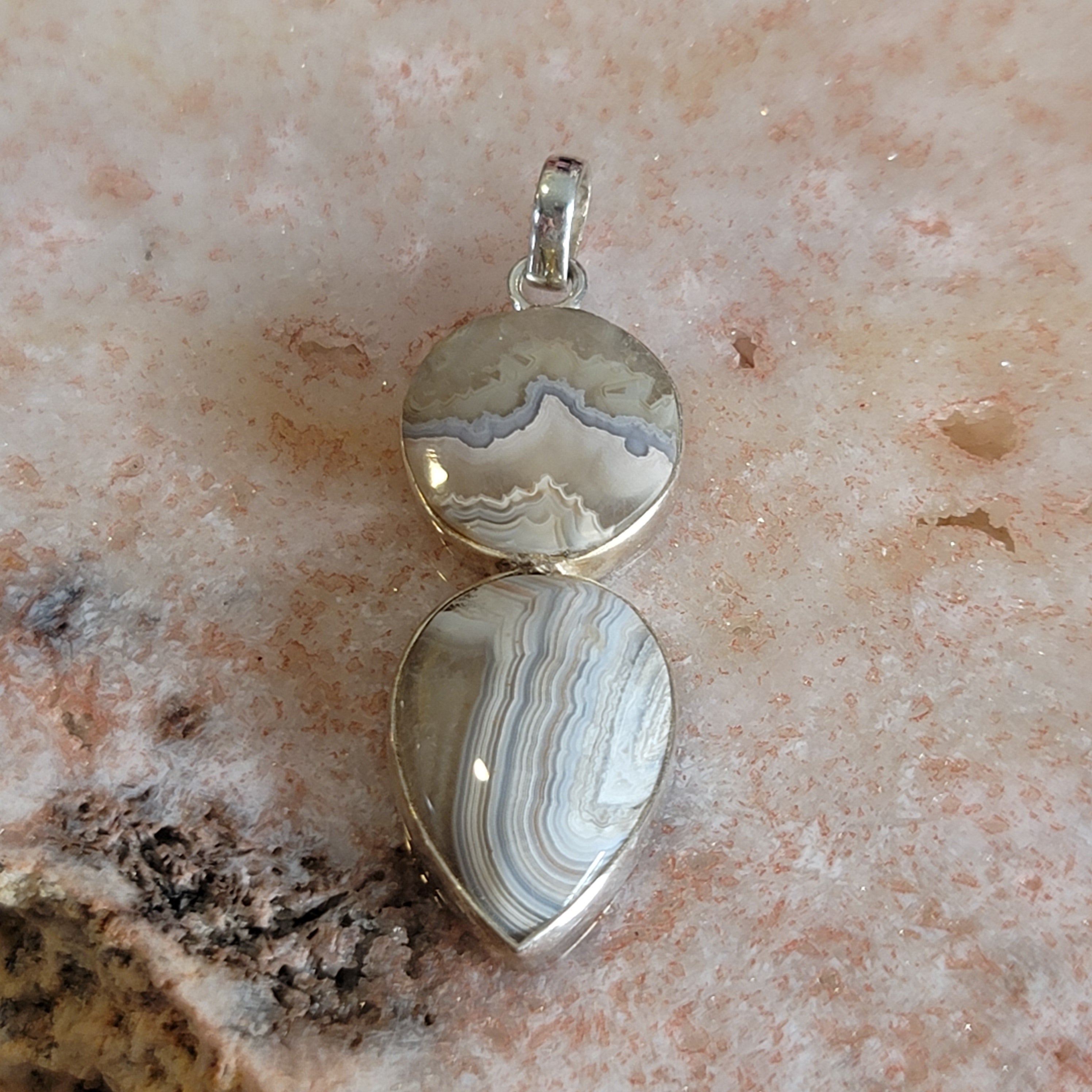 Grey Crazy Lace Agate Pendant .925 Silver for Joy and Protection