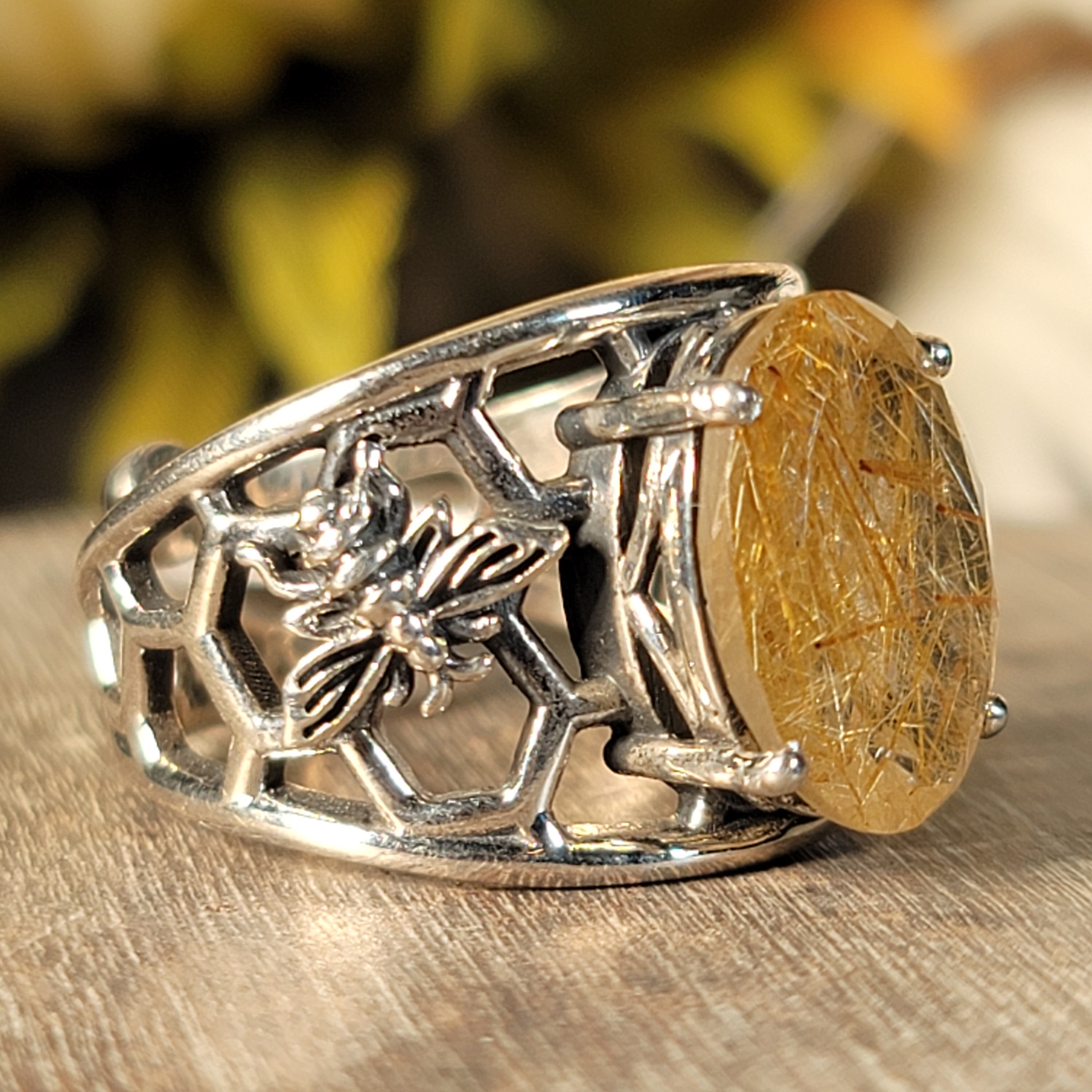 Gold Rutile Bee Cuff Ring .925 Silver for Insight, Meditation & Shamanic Journey