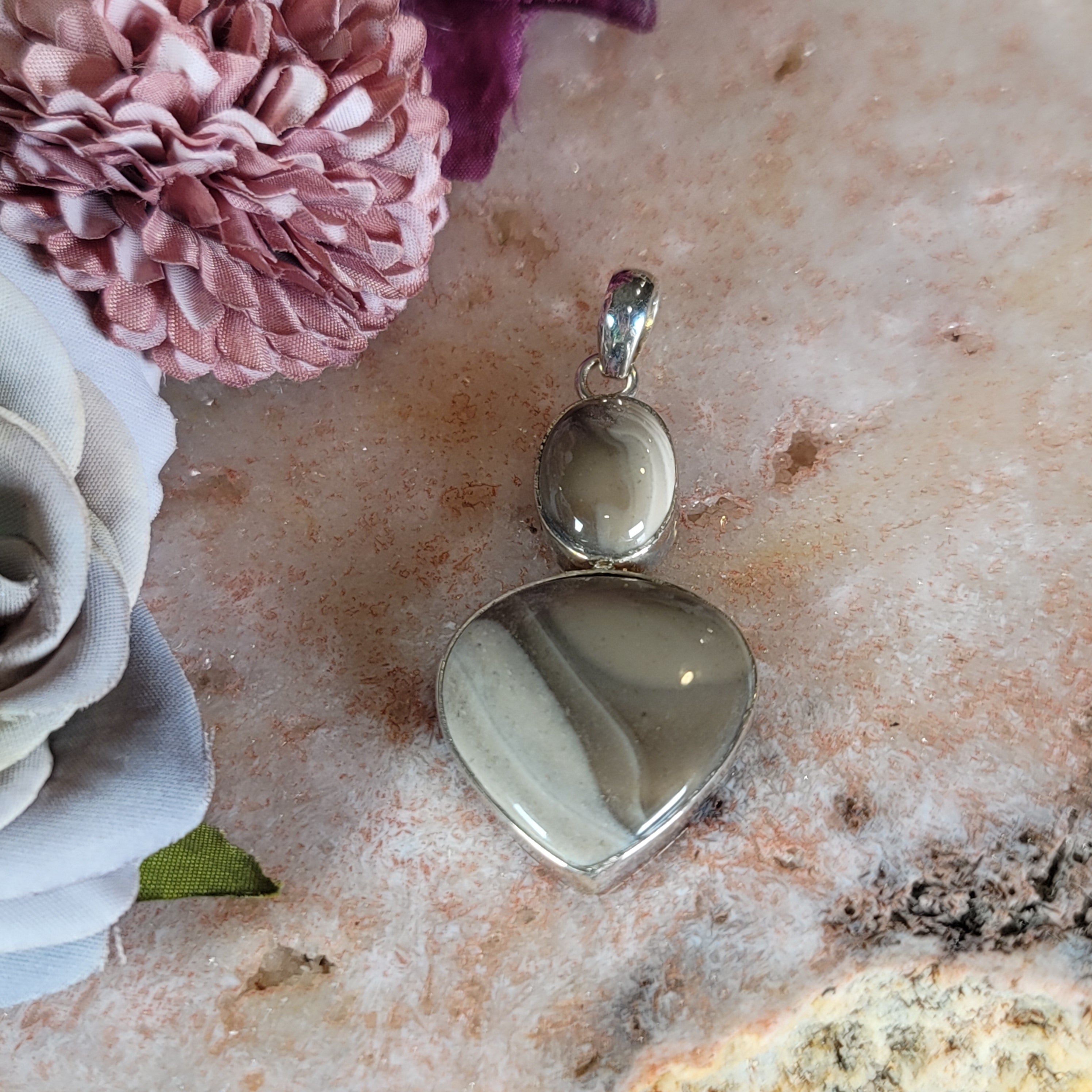 Polish Striped Flint Pendant .925 Silver for Powerful Protection Against Negative Energy