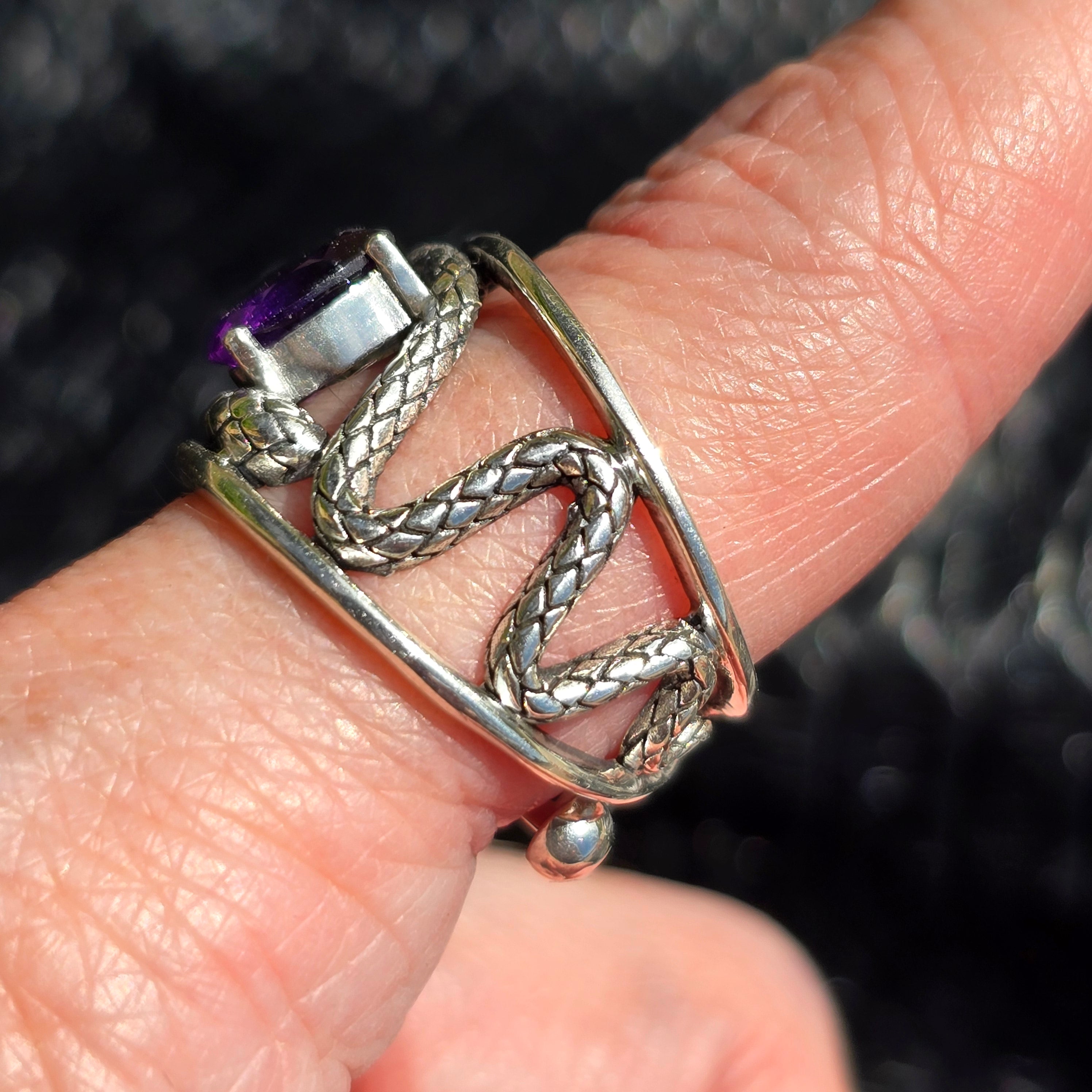 Amethyst Serpent Adjustable Finger Cuff Ring .925 Silver for Intuition, Protection and Divine Connection