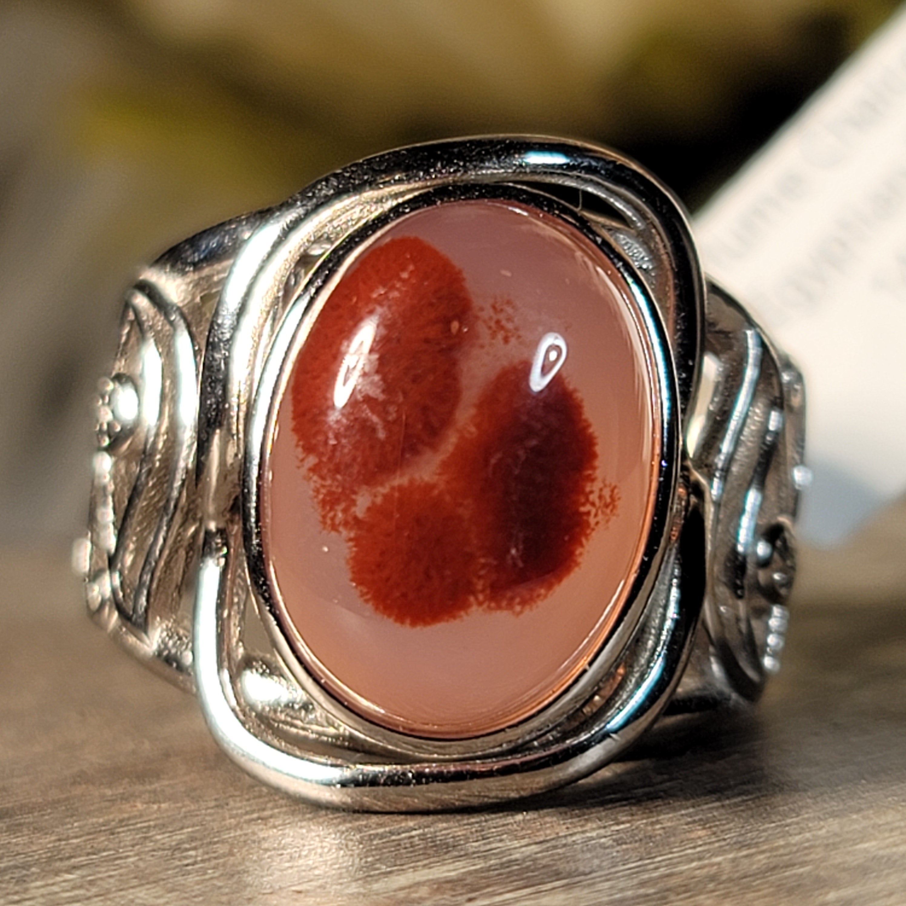 Red Plume Chalcedony Egyptian Eye Adjustable Cuff Ring .925 Silver for Emotional Healing, Joy and Love