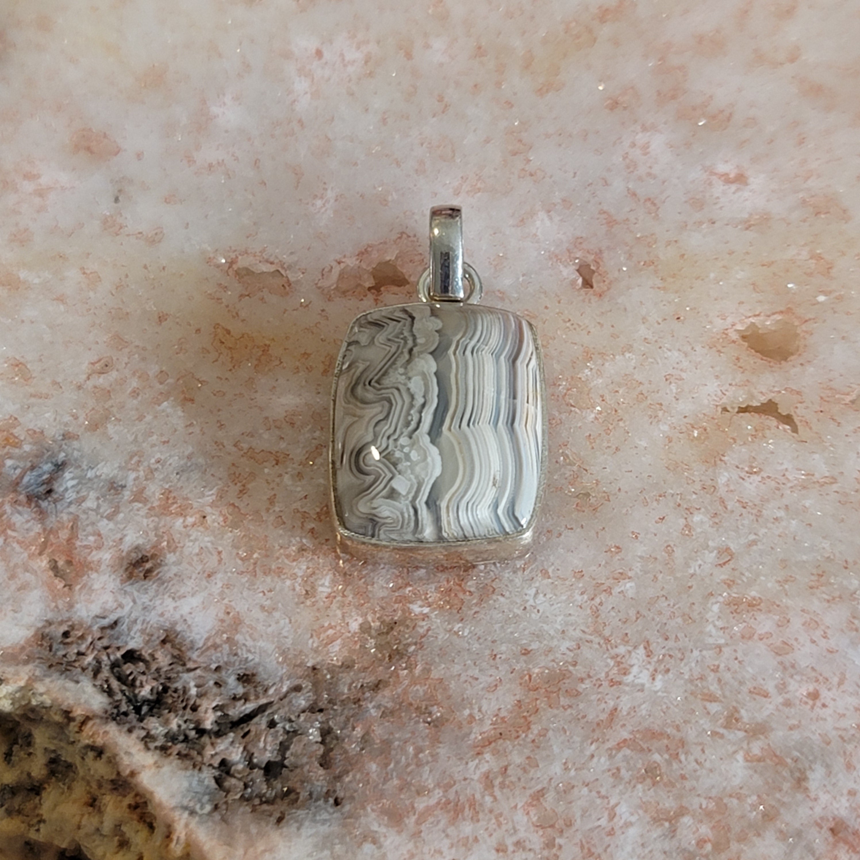 Grey Crazy Lace Agate Pendant .925 Silver for Joy and Protection