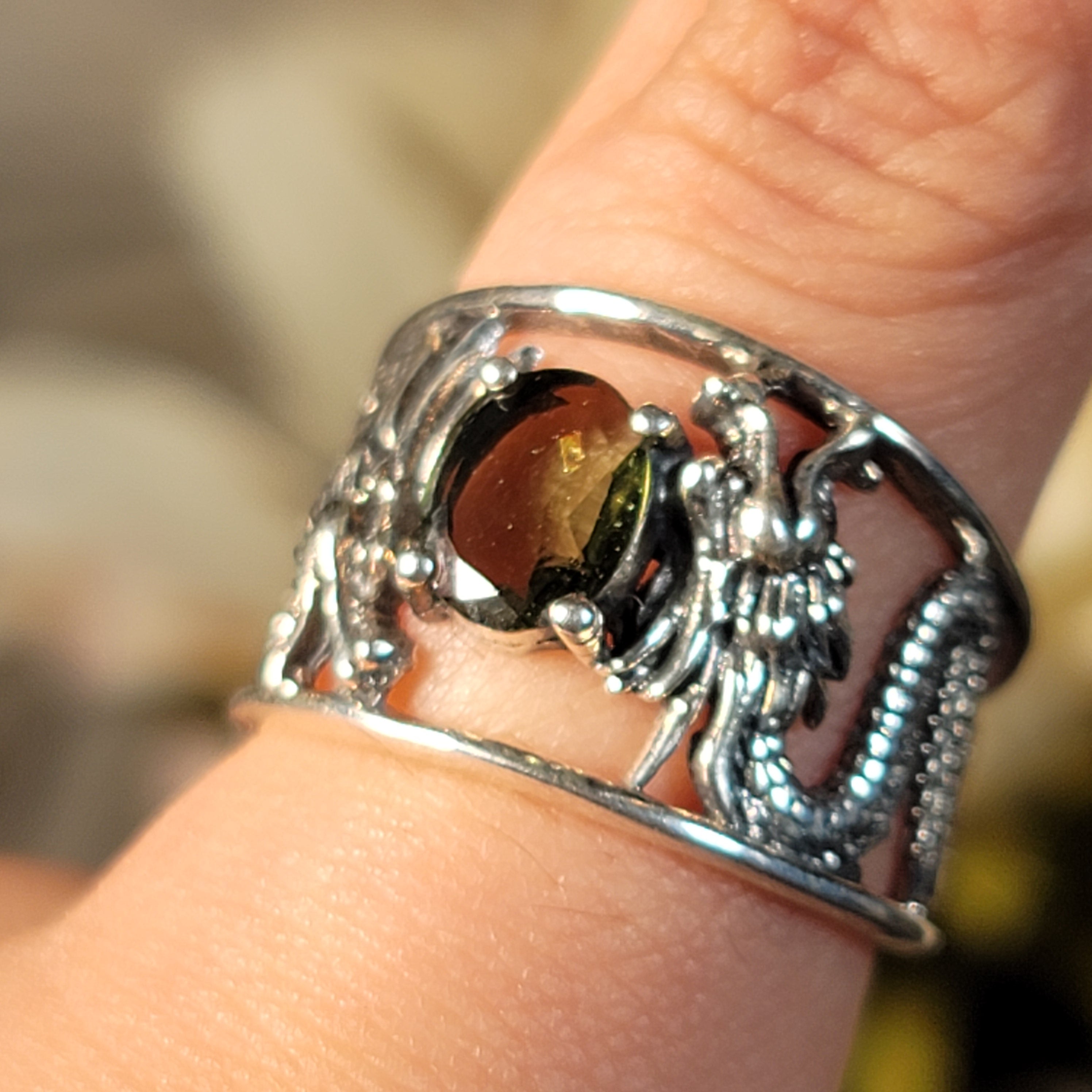 Moldavite Dragon Cuff Ring .925 Silver for Manifesting your Dream Life