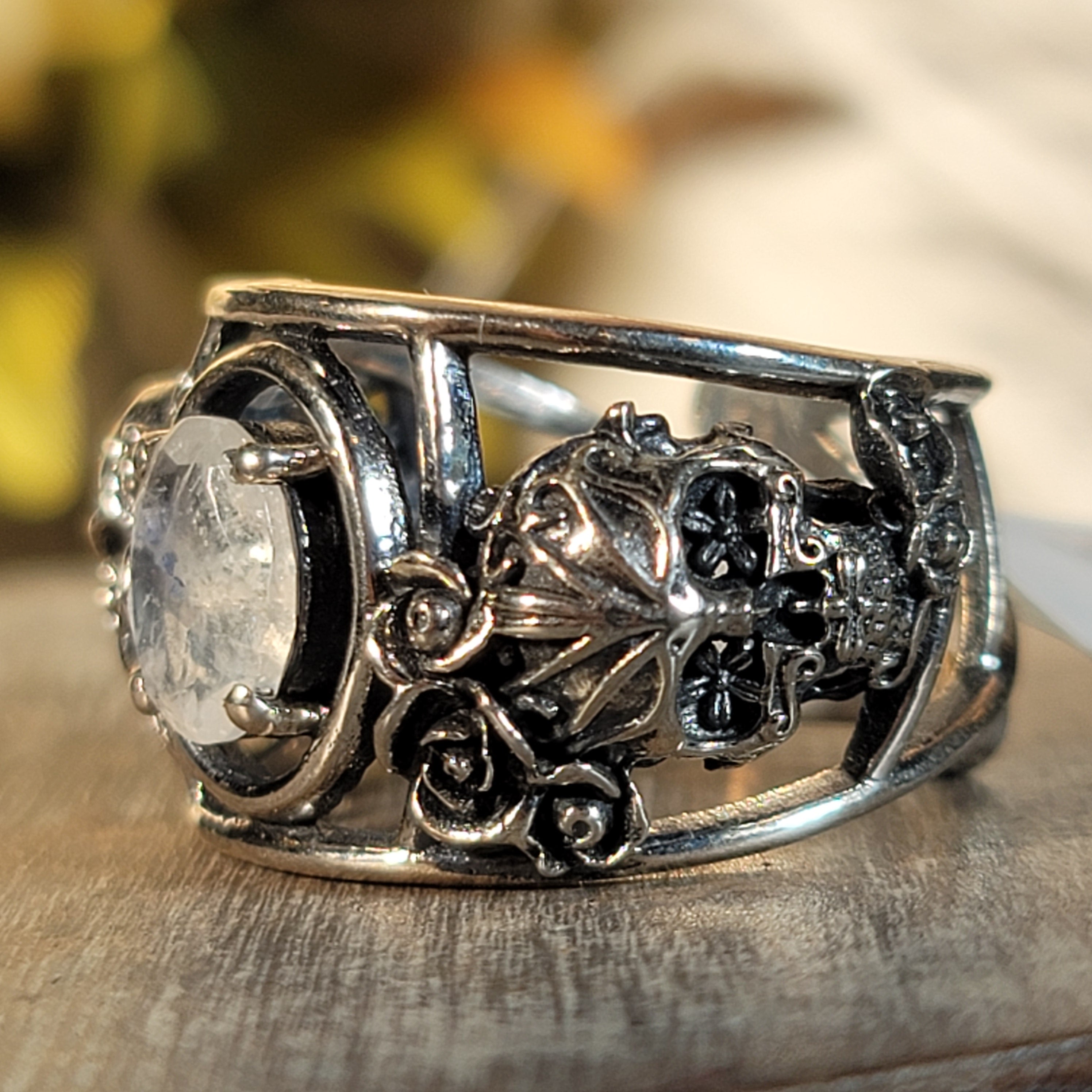 Rainbow Moonstone Dia de los Muertos Cuff Ring .925 Silver for New Beginnings, Protection and Manifestation