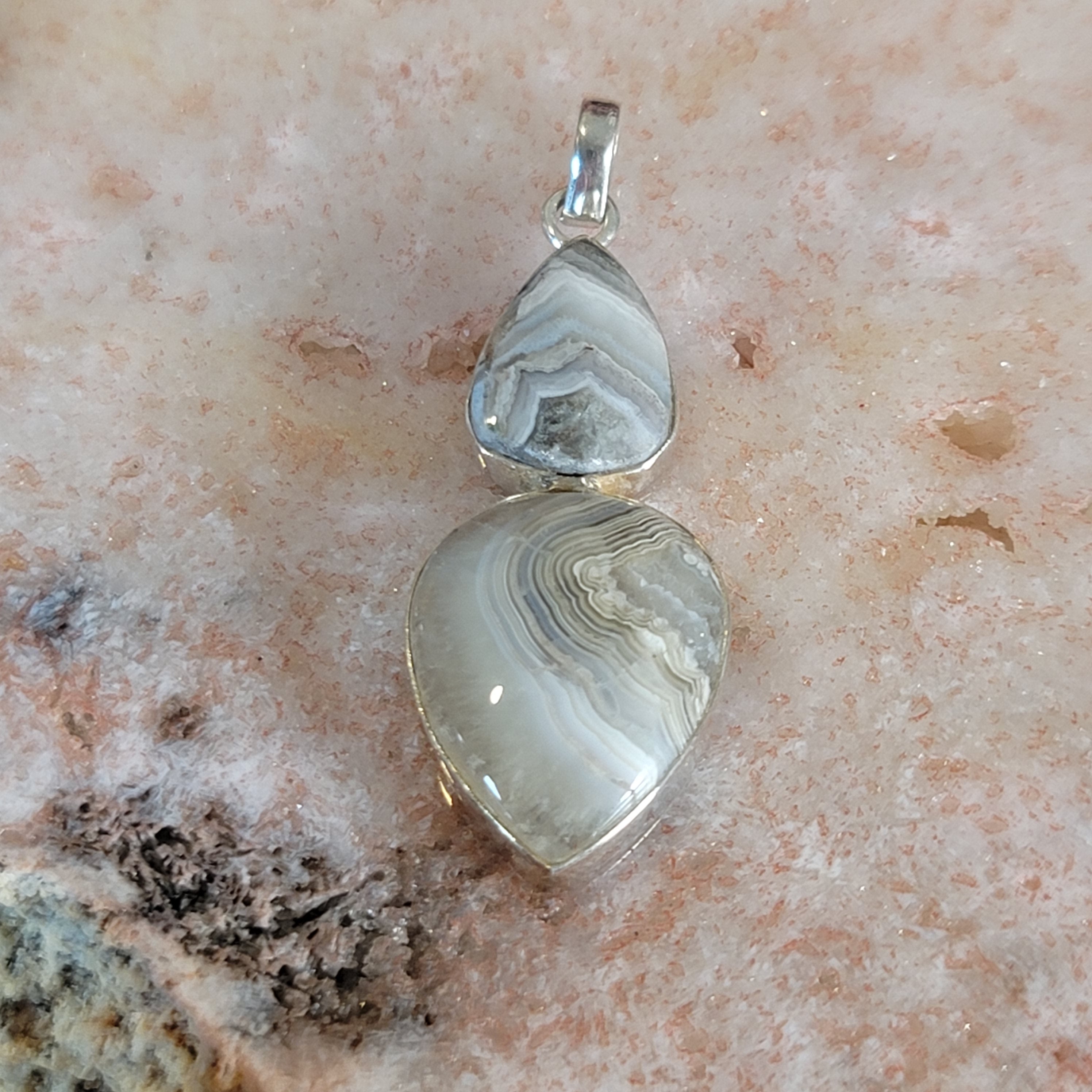 Grey Crazy Lace Agate Pendant .925 Silver for Joy and Protection