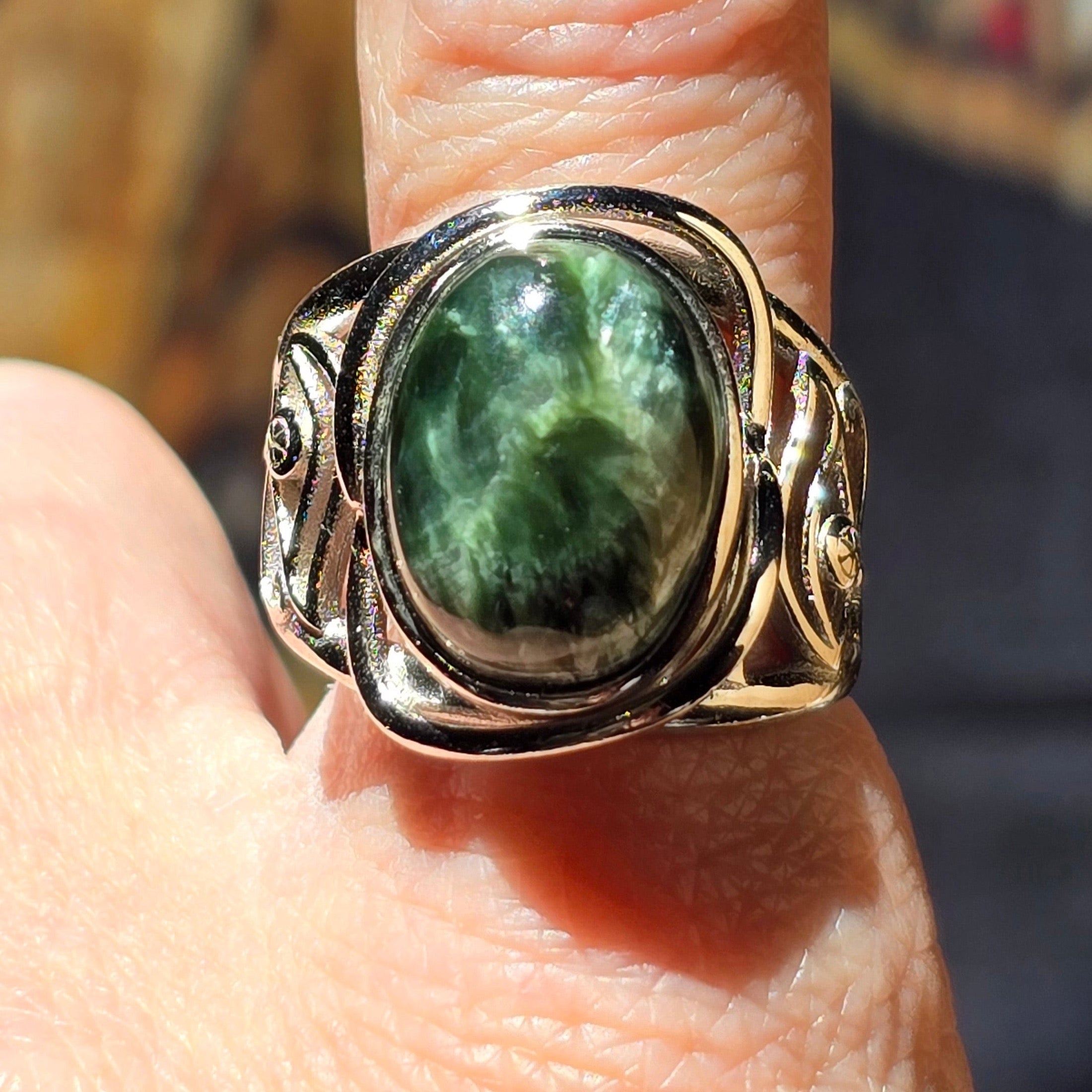 Seraphinite Egyptian Eye Adjustable Finger Cuff Ring .925 Silver for Angelic Connection, Healing and Regeneration