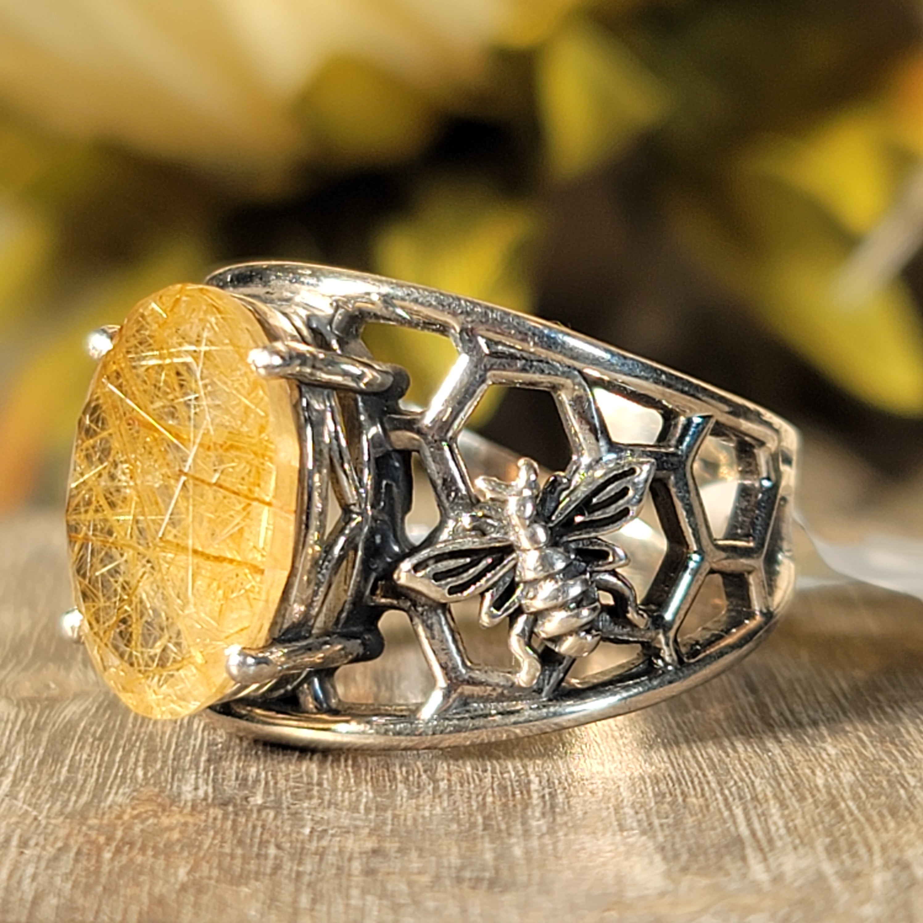 Gold Rutile Bee Cuff Ring .925 Silver for Insight, Meditation & Shamanic Journey