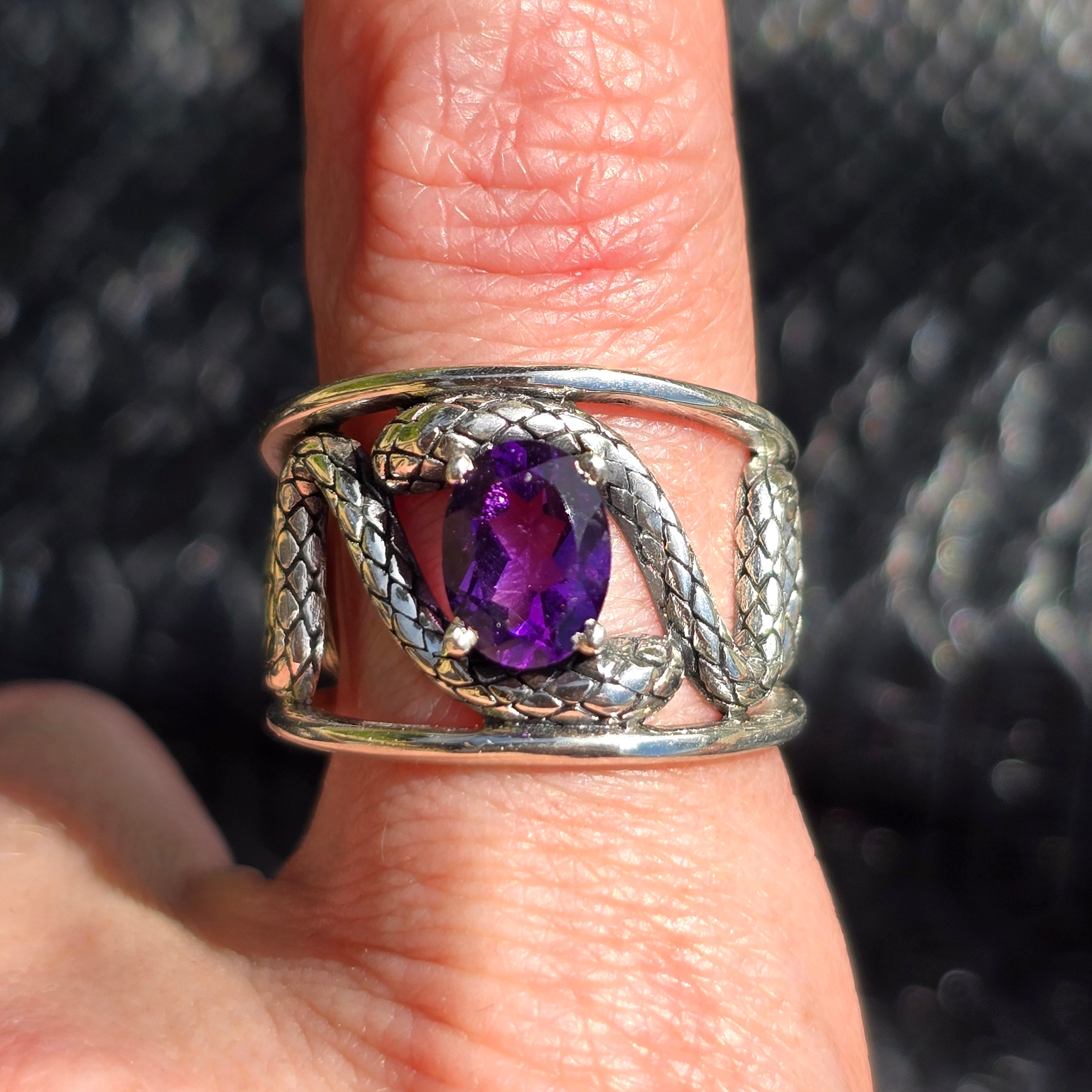 Amethyst Serpent Adjustable Finger Cuff Ring .925 Silver for Intuition, Protection and Divine Connection