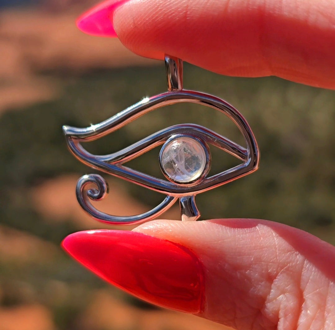 Rainbow Moonstone Eye of Ra Amulet Pendant .925 Silver for Intuitive New Beginnings, Protection and Feminine Power