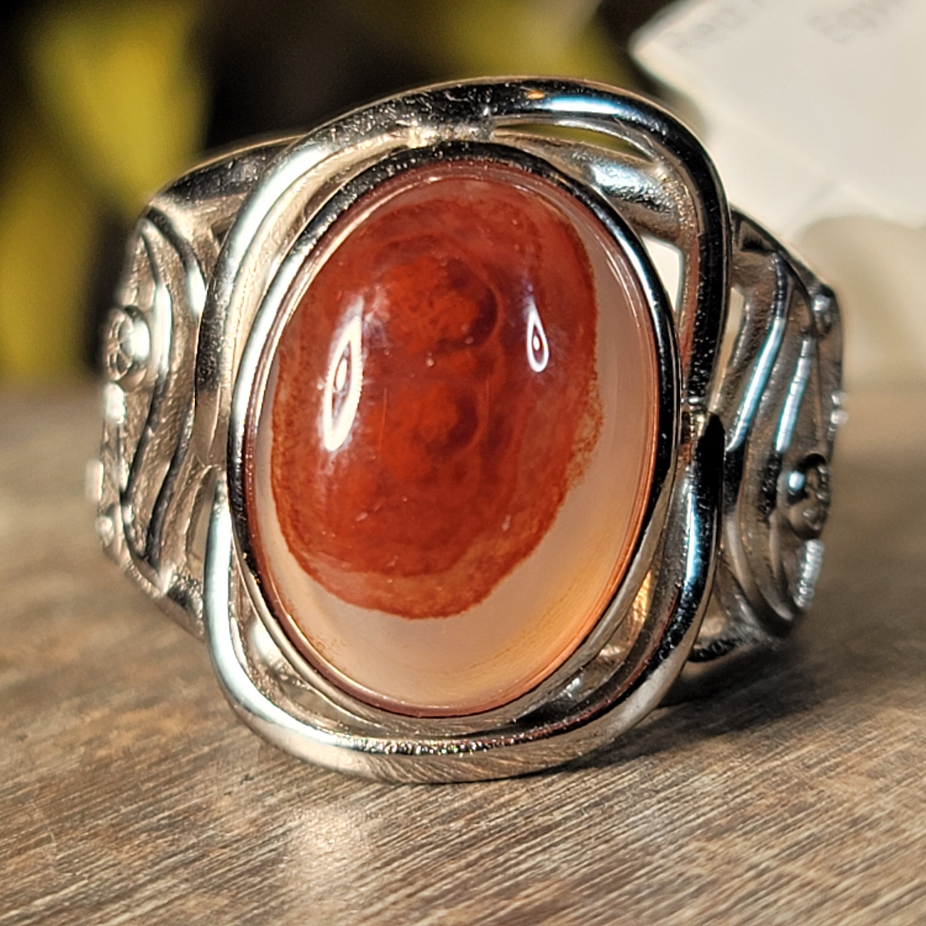 Red Plume Chalcedony Egyptian Eye Adjustable Cuff Ring .925 Silver for Emotional Healing, Joy and Love