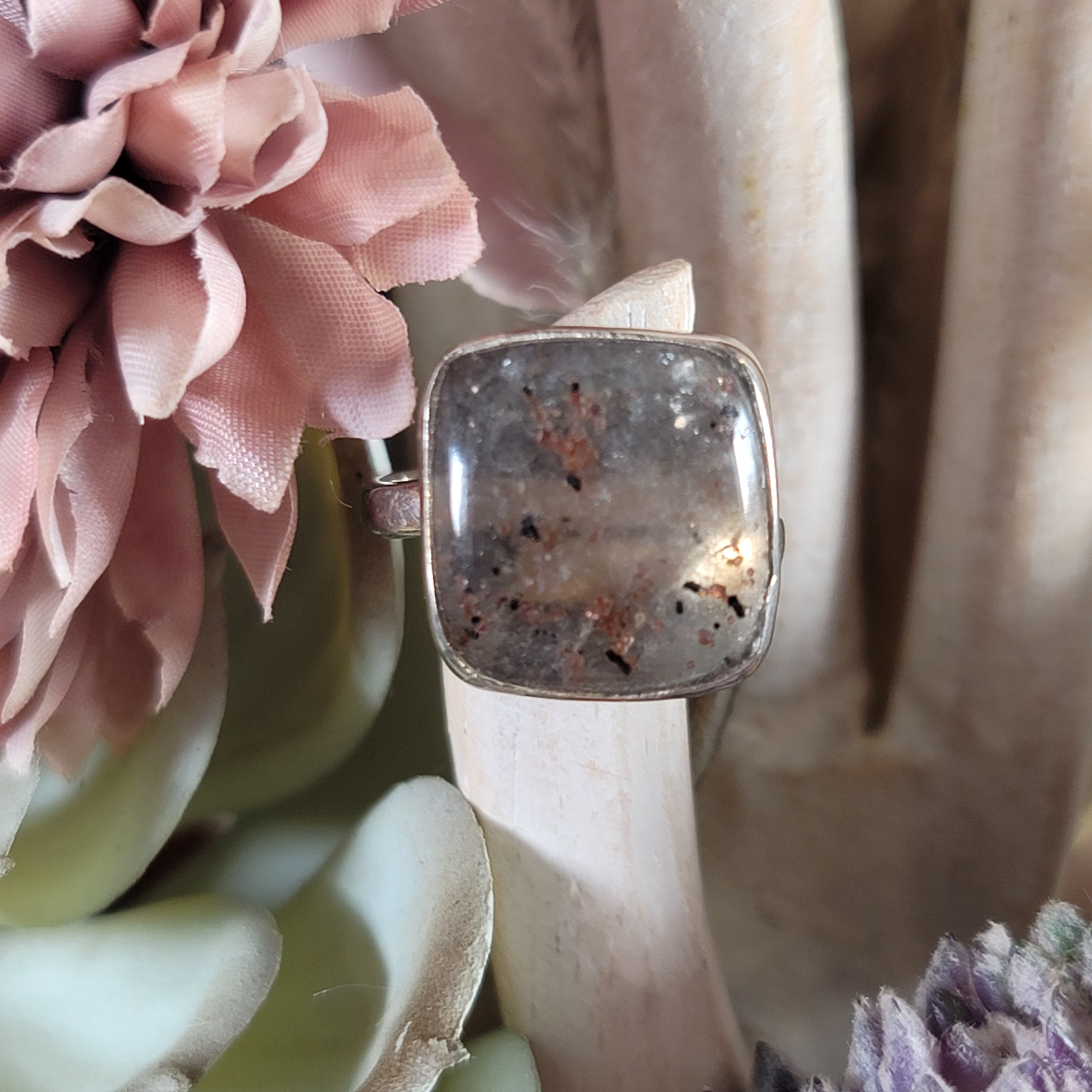 Garnet in Quartz .925 Silver Adjustable Ring for Manifesting Health, Grounding and Protection