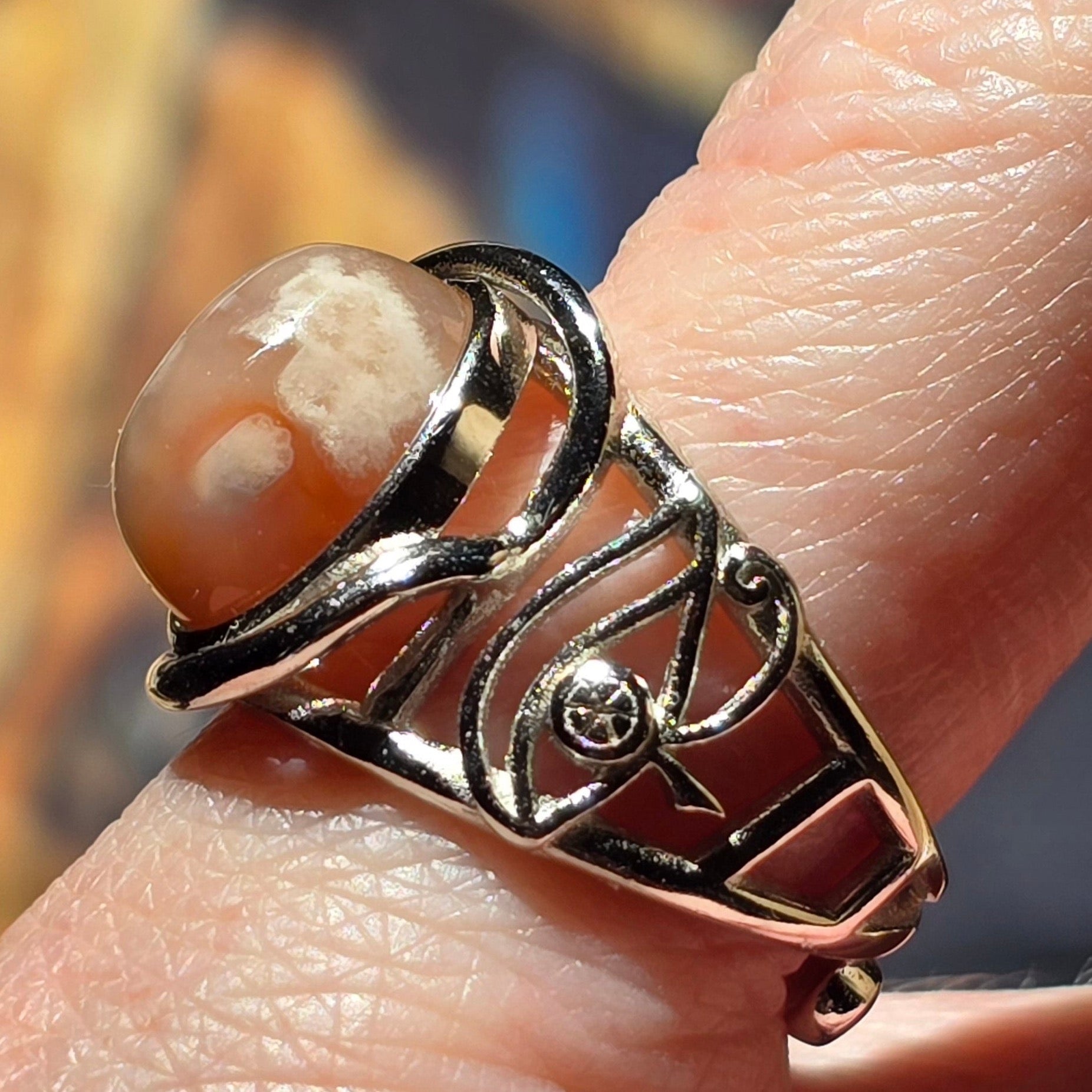 Flower Agate Egyptian Eye Adjustable Finger Cuff Ring .925 Silver for Attracting Love, Self-Development and Joy